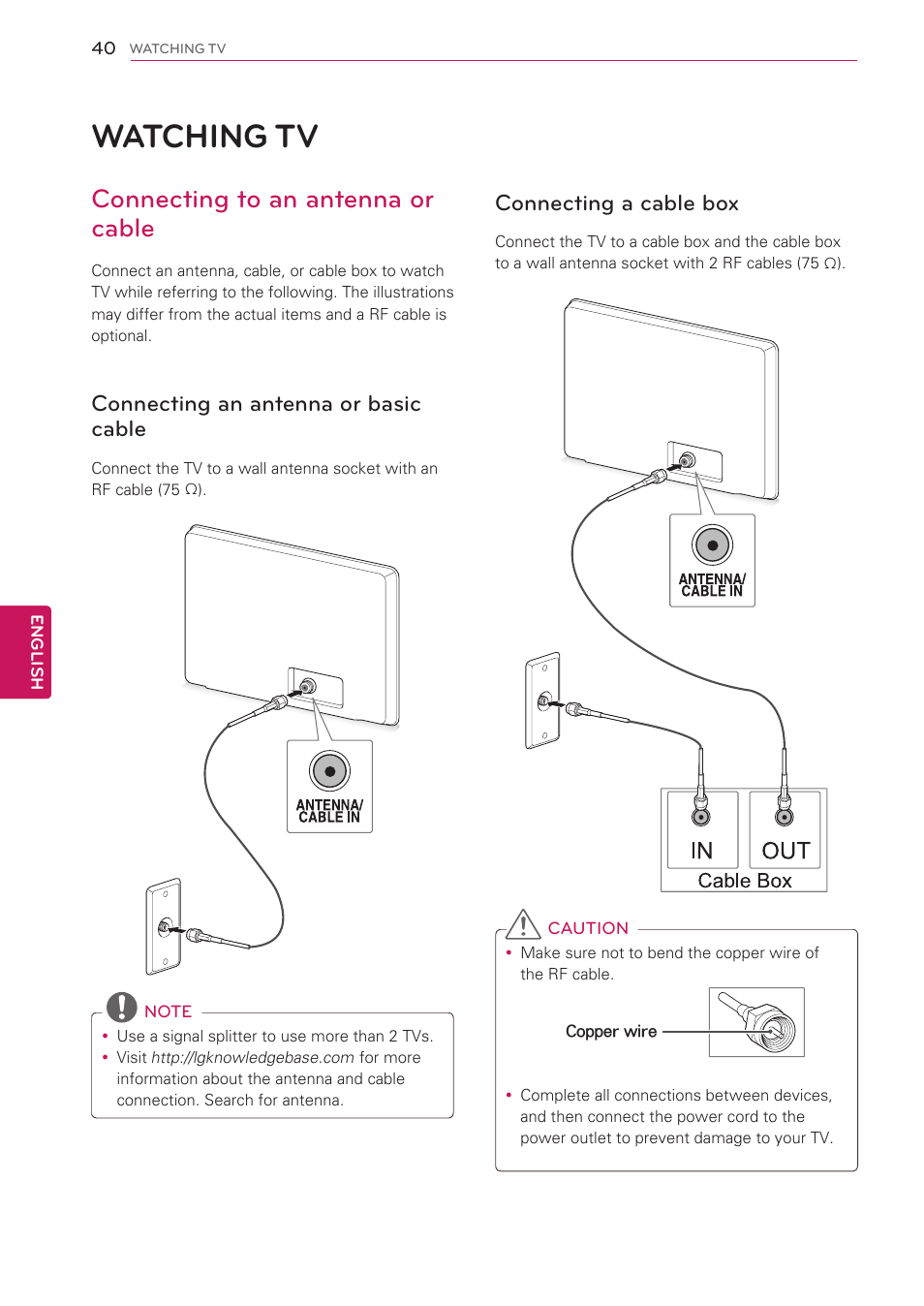 Watching tv, Connecting to an antenna or cable, Connecting an antenna or basic cable | Connecting a cable box, 40 watching tv | LG 55LV5500 User Manual | Page 40 / 166