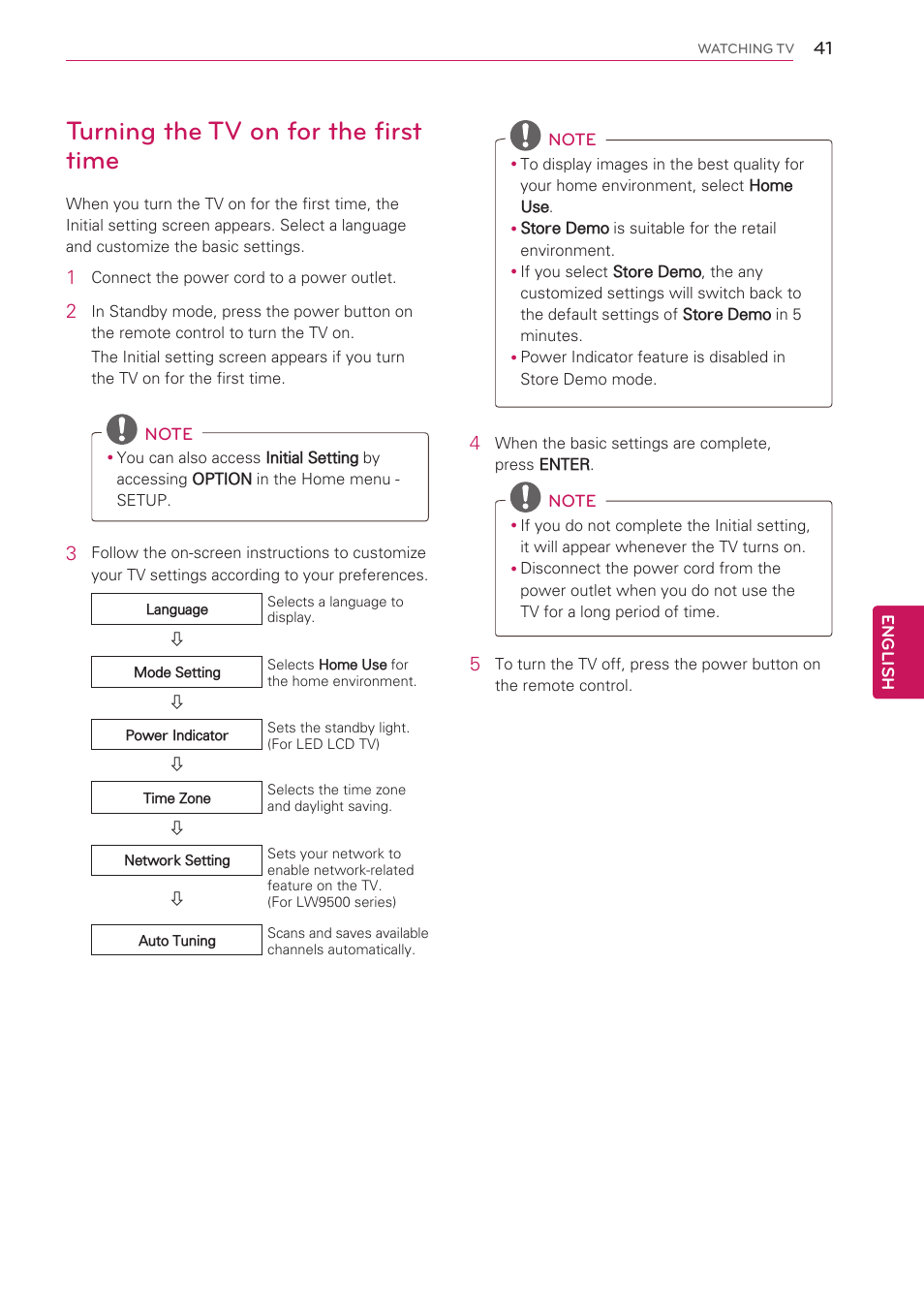 Turning the tv on for the first time | LG 55LV5500 User Manual | Page 41 / 166