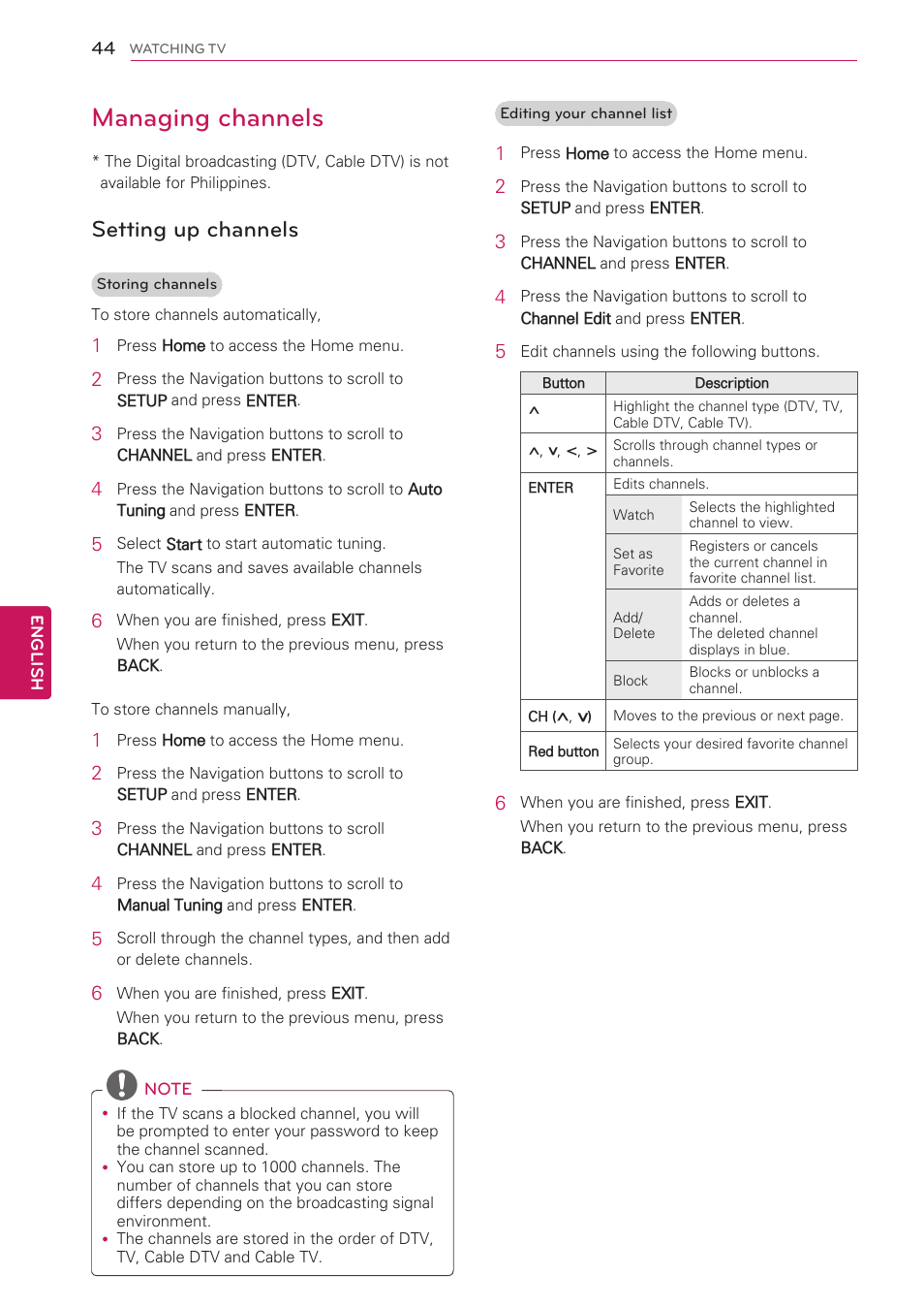 Managing channels, Setting up channels | LG 55LV5500 User Manual | Page 44 / 166