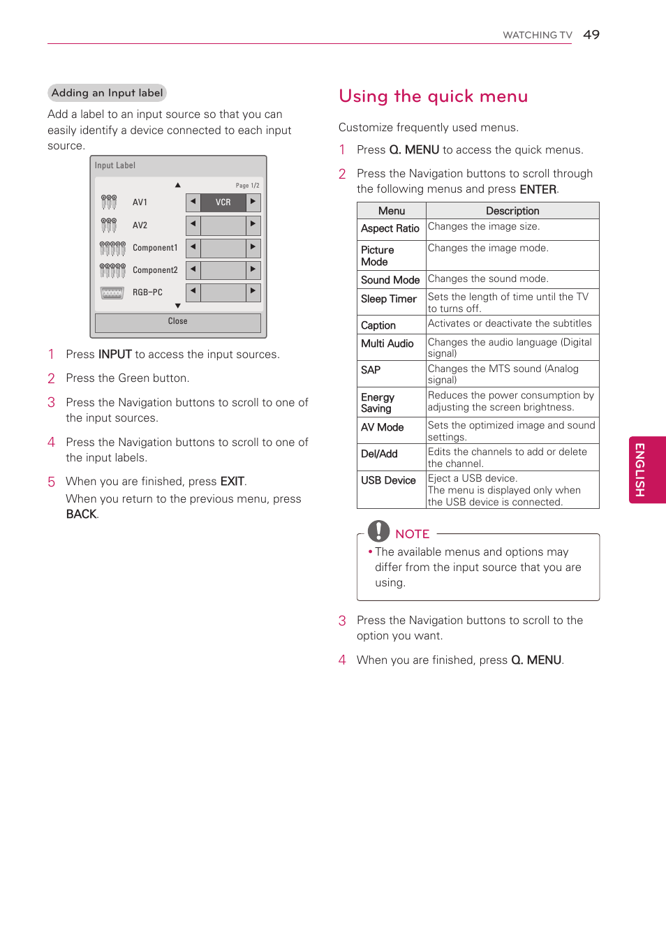 Using the quick menu | LG 55LV5500 User Manual | Page 49 / 166