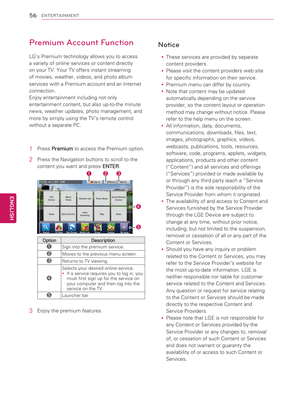 Premium account function, Notice, English | LG 55LV5500 User Manual | Page 56 / 166