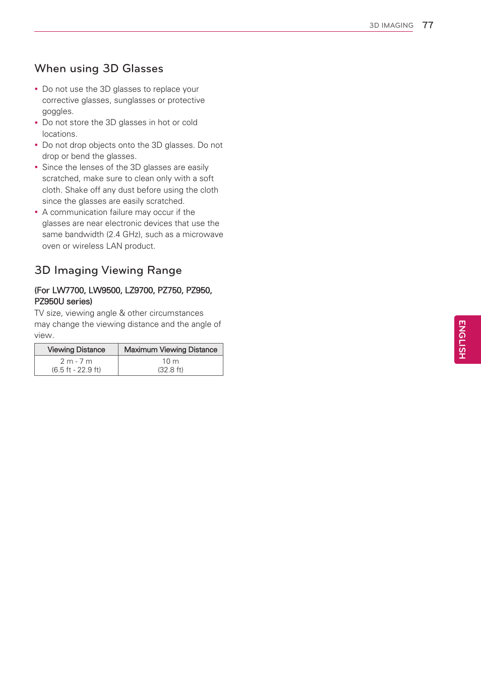 When using 3d glasses, 3d imaging viewing range | LG 55LV5500 User Manual | Page 77 / 166