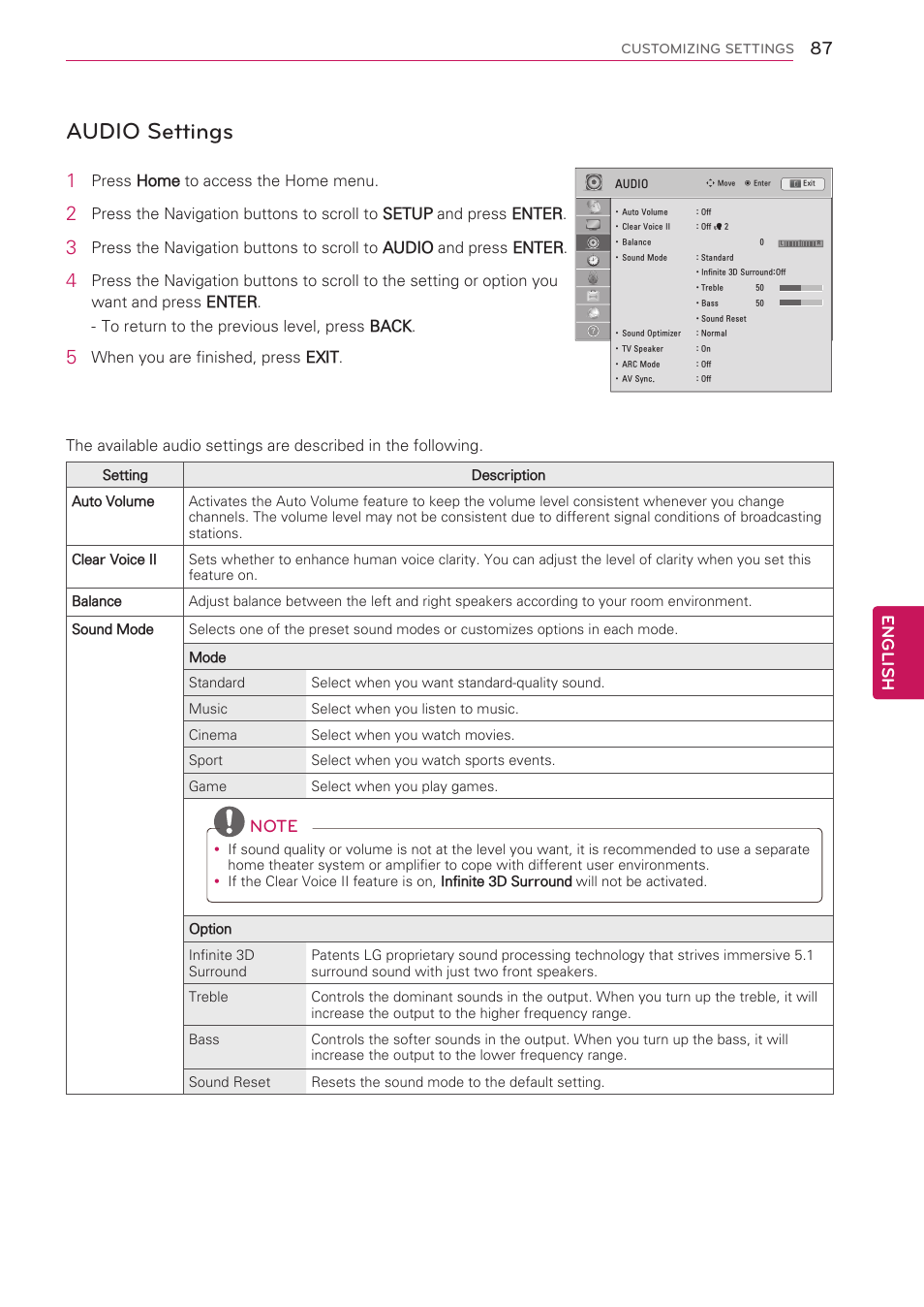 Audio settings, English | LG 55LV5500 User Manual | Page 87 / 166