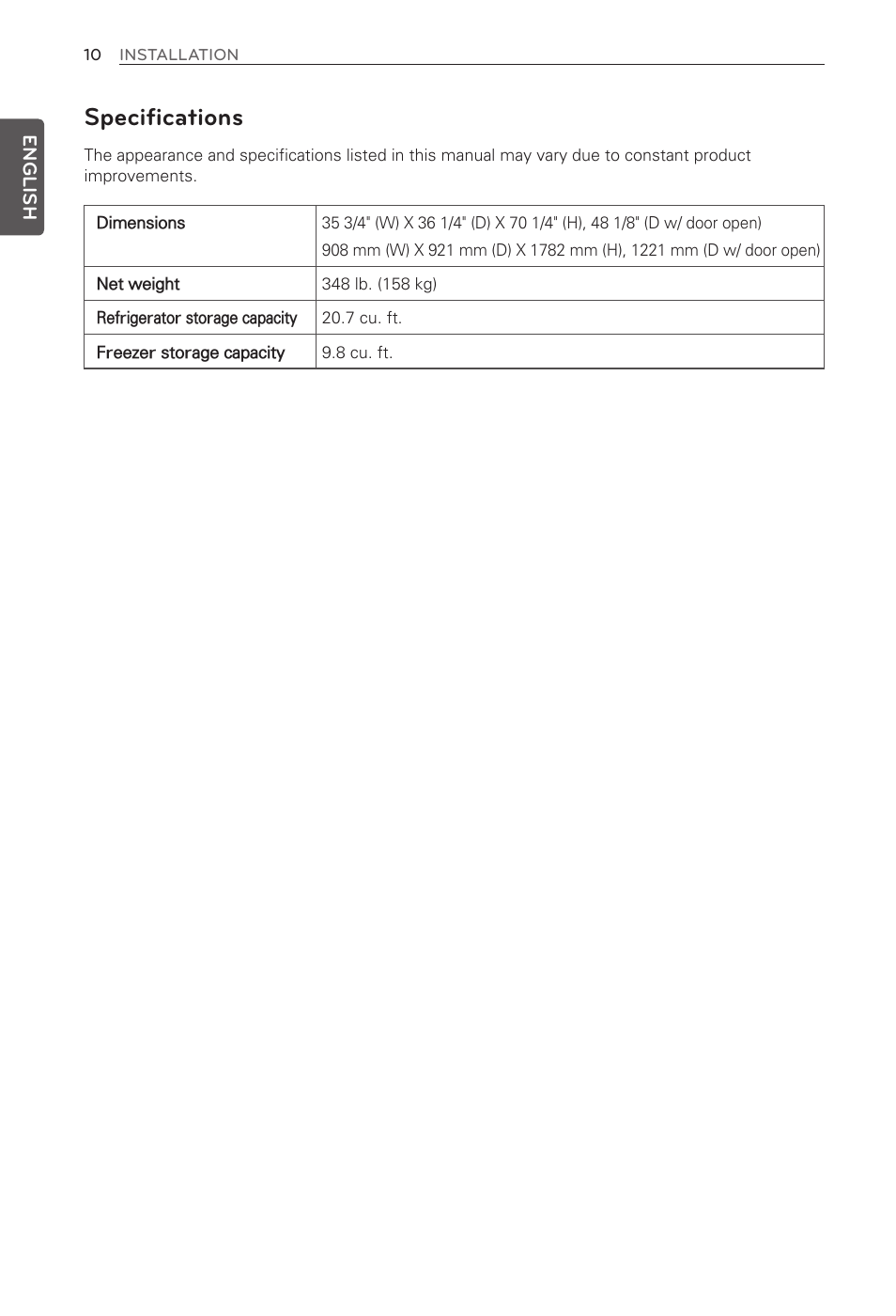 Specifications | LG LMX31985ST User Manual | Page 10 / 62