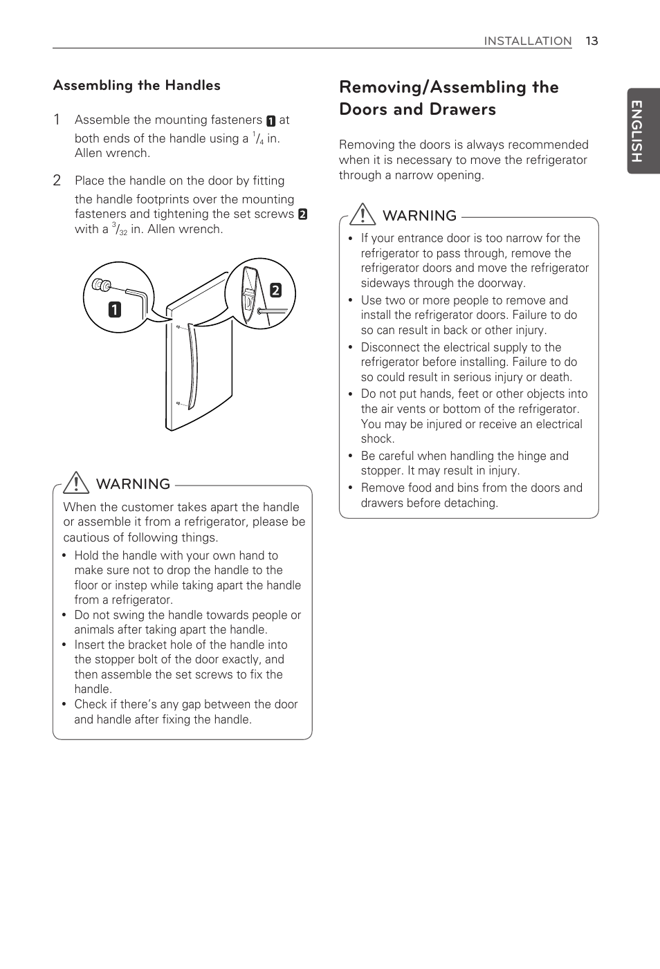 Removing/assembling the doors and drawers | LG LMX31985ST User Manual | Page 13 / 62