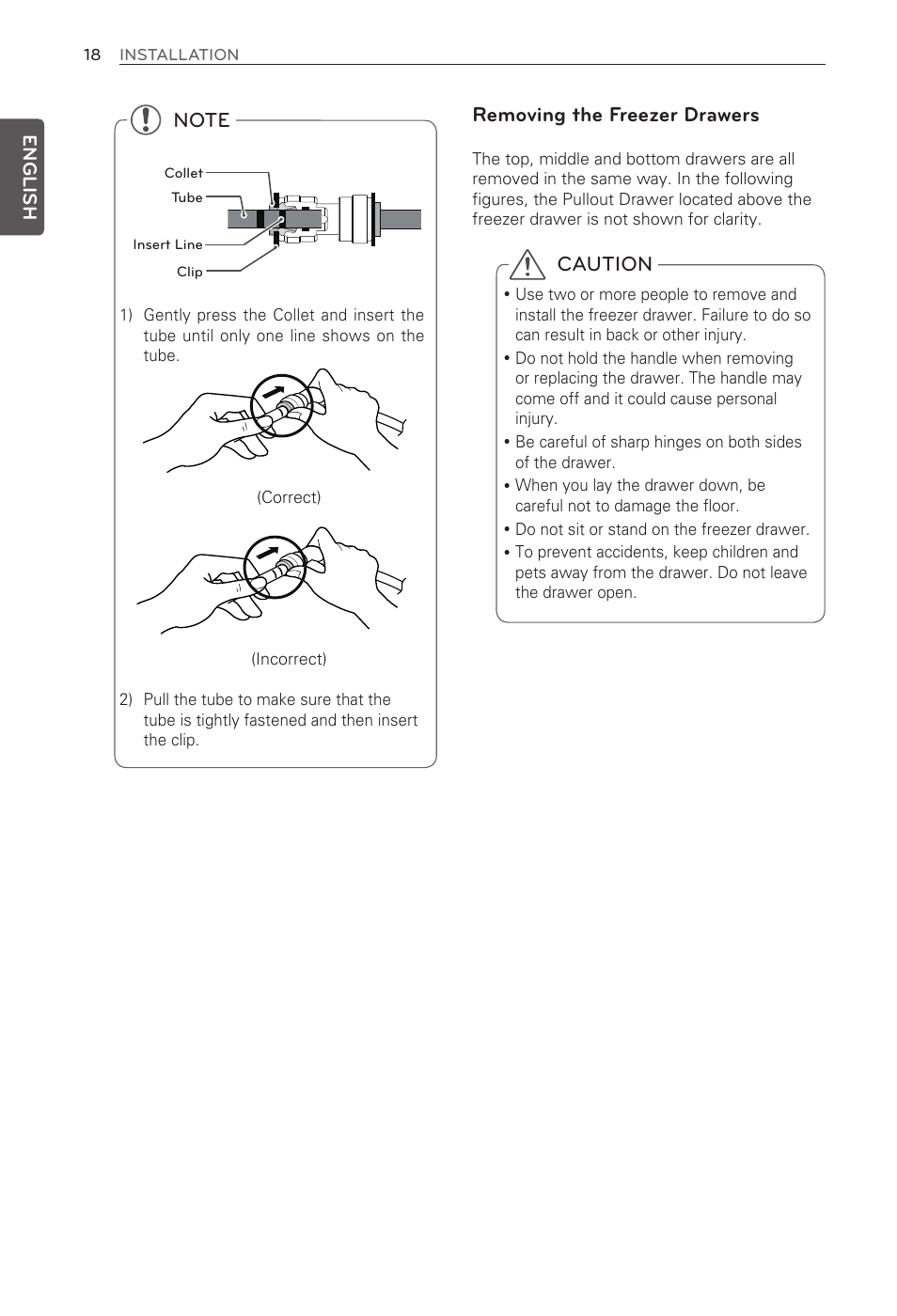 Caution, Removing the freezer drawers | LG LMX31985ST User Manual | Page 18 / 62