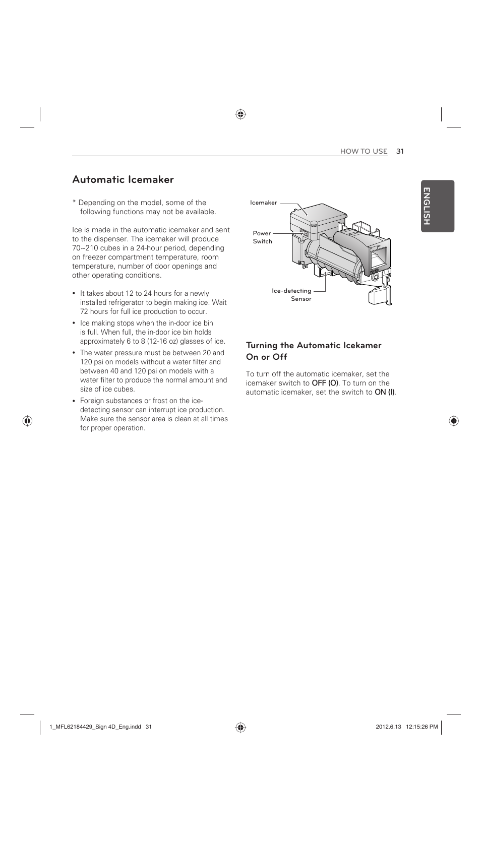 Automatic icemaker, Turning the automatic icekamer on or off | LG LMX31985ST User Manual | Page 31 / 62