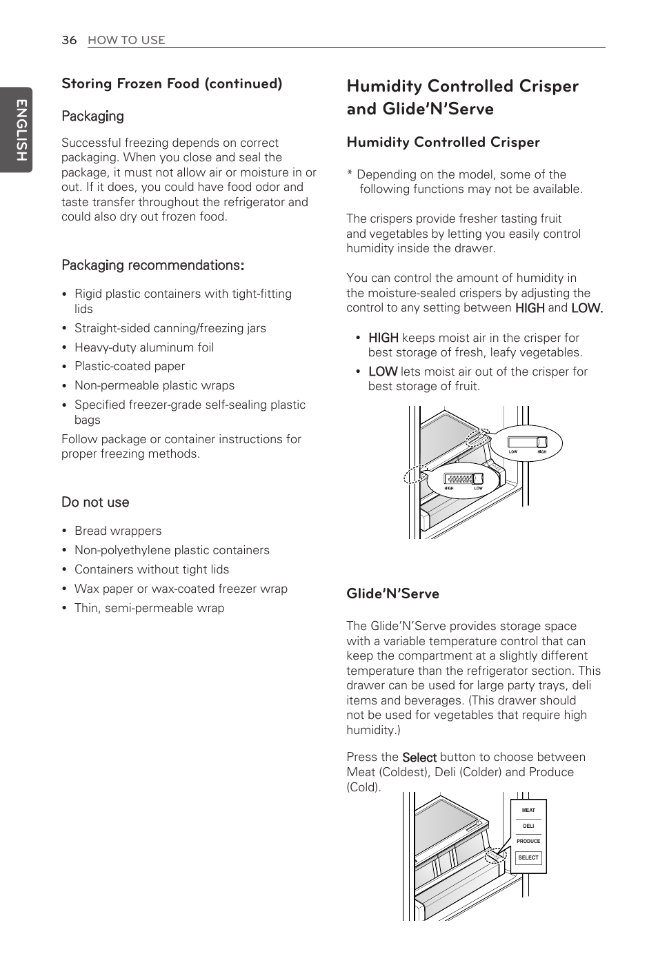 Humidity controlled crisper and glide’n’serve, Humidity controlled crisper, Glide’n’serve | Storing frozen food (continued) | LG LMX31985ST User Manual | Page 36 / 62