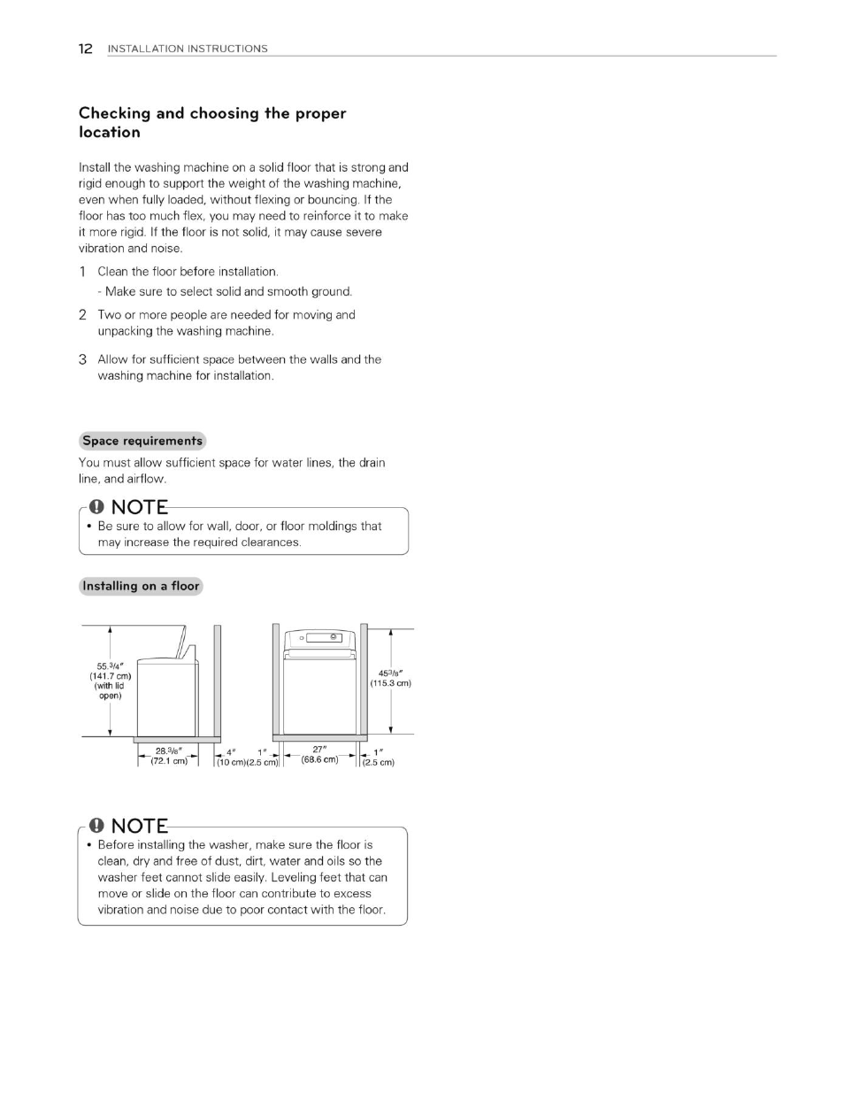 Checking and choosing the proper location, O note, Q note | LG WT4901CW User Manual | Page 12 / 76