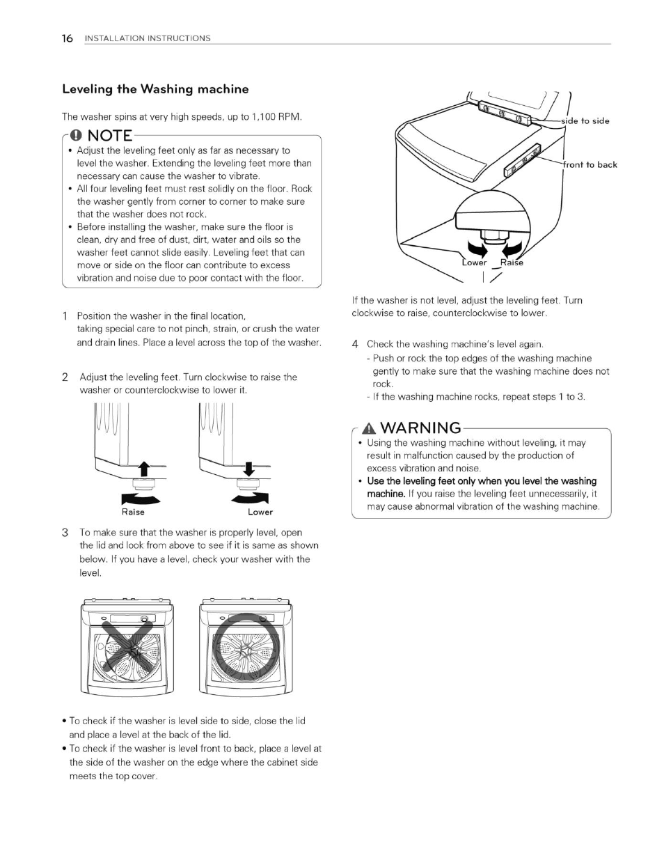 Leveling the washing machine, O note, A warning | Warning | LG WT4901CW User Manual | Page 16 / 76