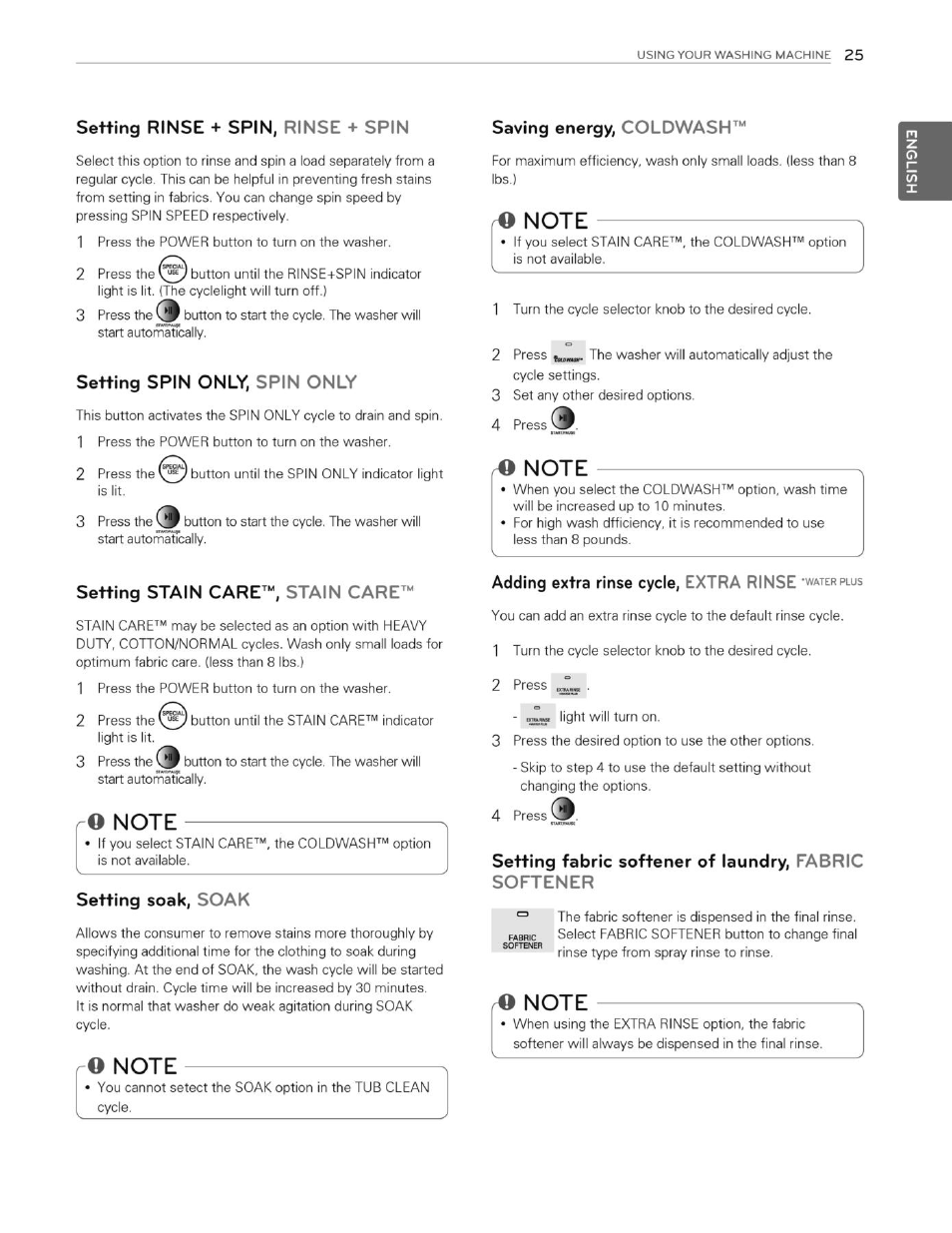 Setting rinse + spin, rinse + spin, Setting spin only, spin only, Setting stain care"“, stain care | O note, Setting soak, soak, Ro note, Saving energy, coldwash | LG WT4901CW User Manual | Page 25 / 76
