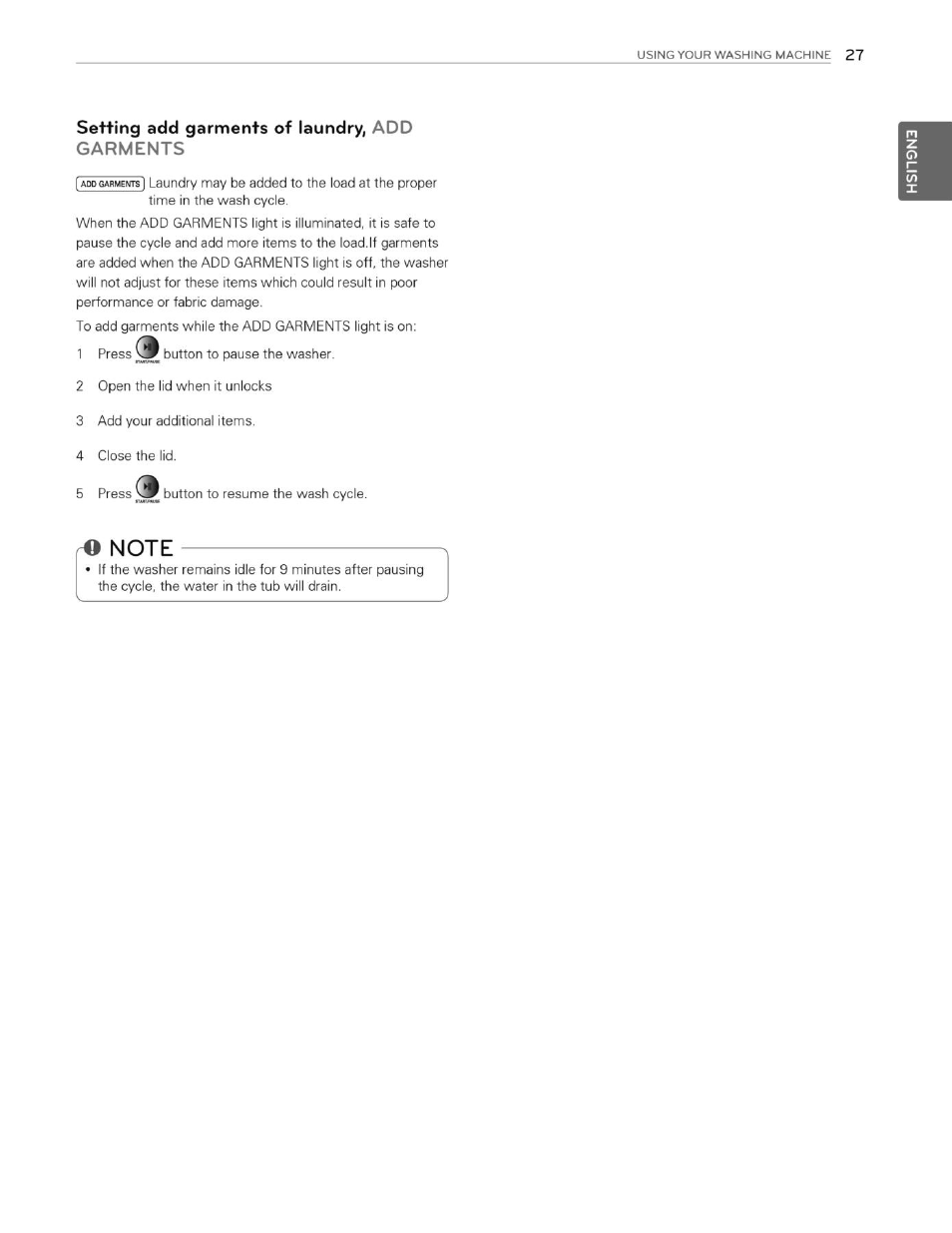 Setting add garments of laundry, add garments, Note | LG WT4901CW User Manual | Page 27 / 76