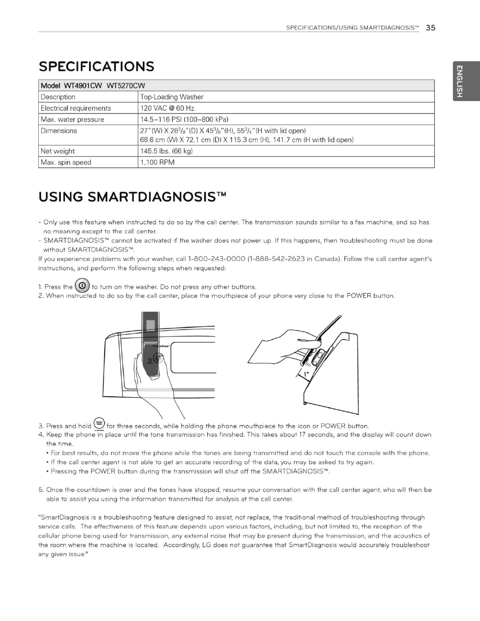 Specifications, Using smartdiagnosis | LG WT4901CW User Manual | Page 35 / 76