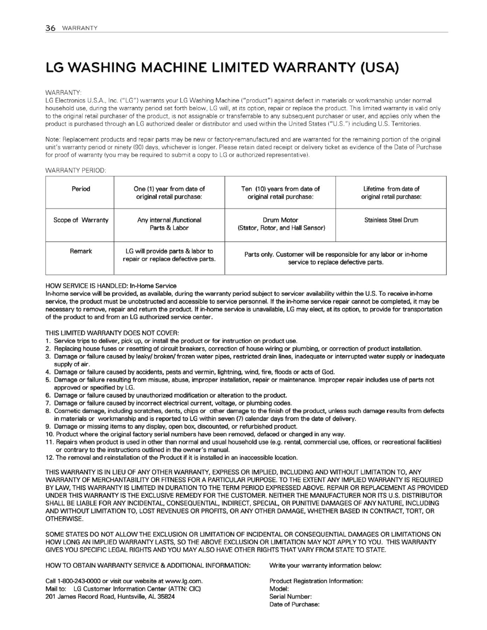 Lg washing machine limited warranty (usa) | LG WT4901CW User Manual | Page 36 / 76