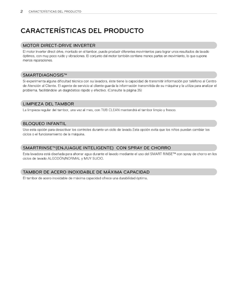 Caracteristicas del producto, Motor direct-drive inverter, Smartdiagnosis | Limpieza del tambor, Tambor de acero inoxidable de maxima capacidad | LG WT4901CW User Manual | Page 40 / 76