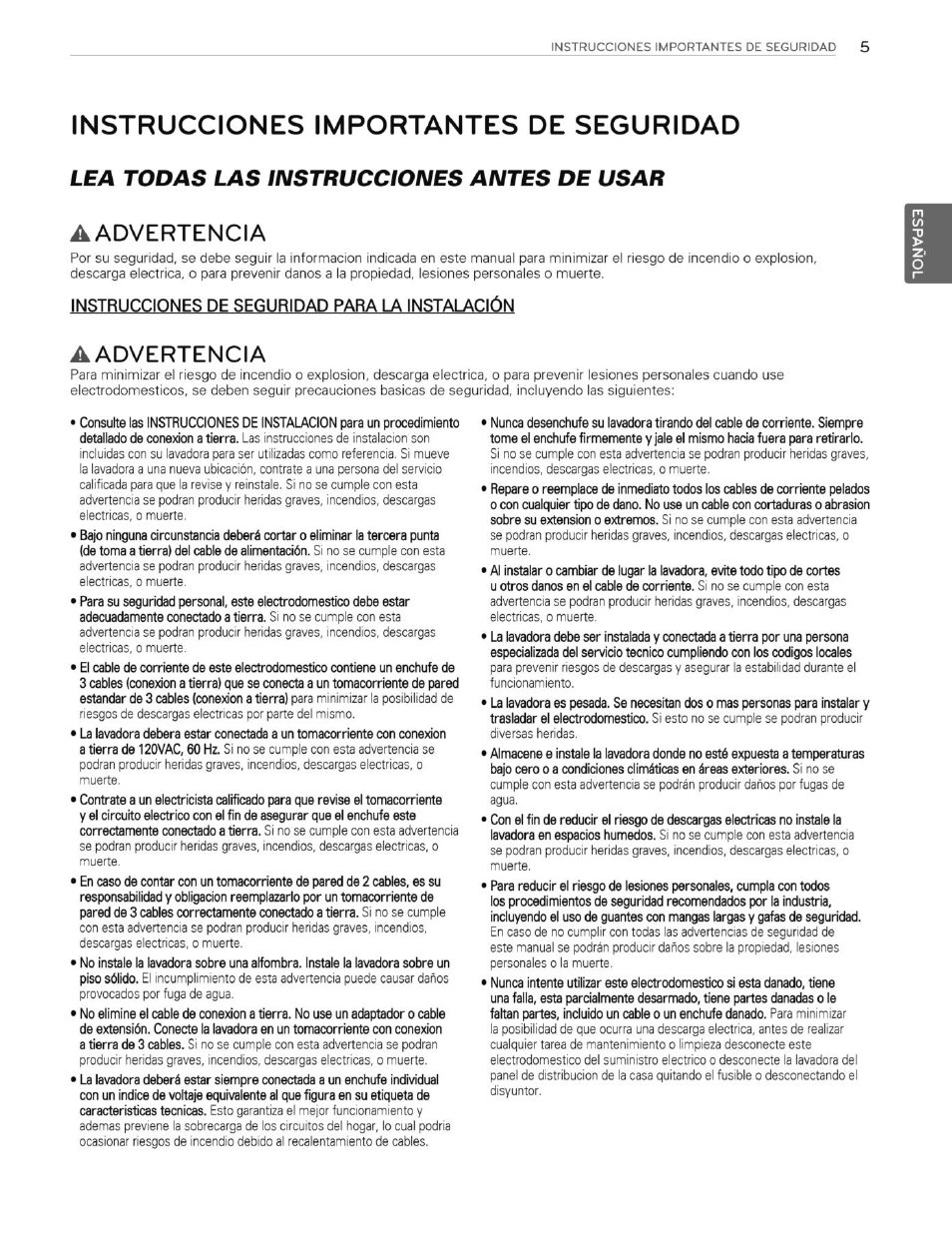Instrucciones importantes de seguridad, Aadvertencia, Instrucciones de seguridad para la instalación | LG WT4901CW User Manual | Page 43 / 76