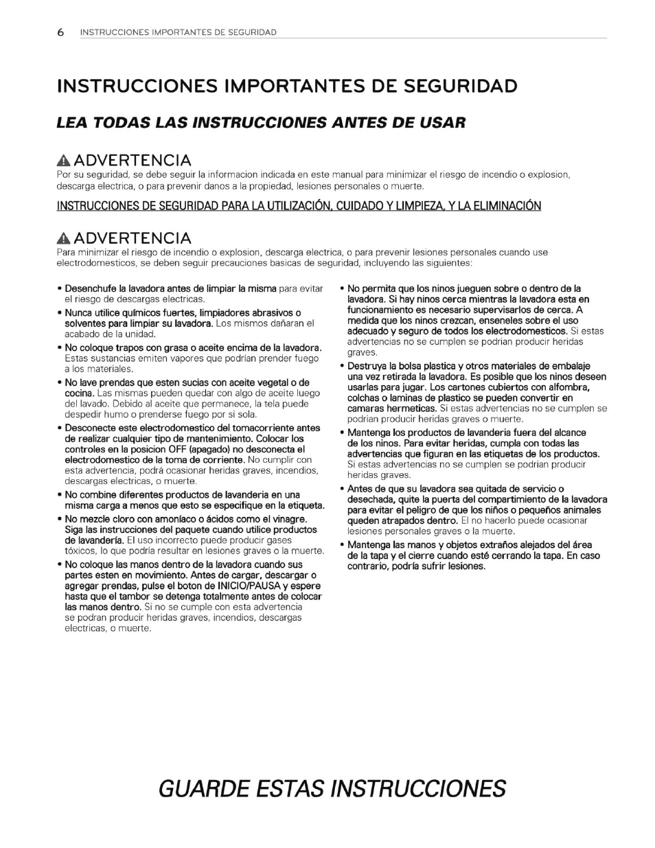 Instrucciones importantes de seguridad, Aadvertencia, Guarde estas instrucciones | LG WT4901CW User Manual | Page 44 / 76