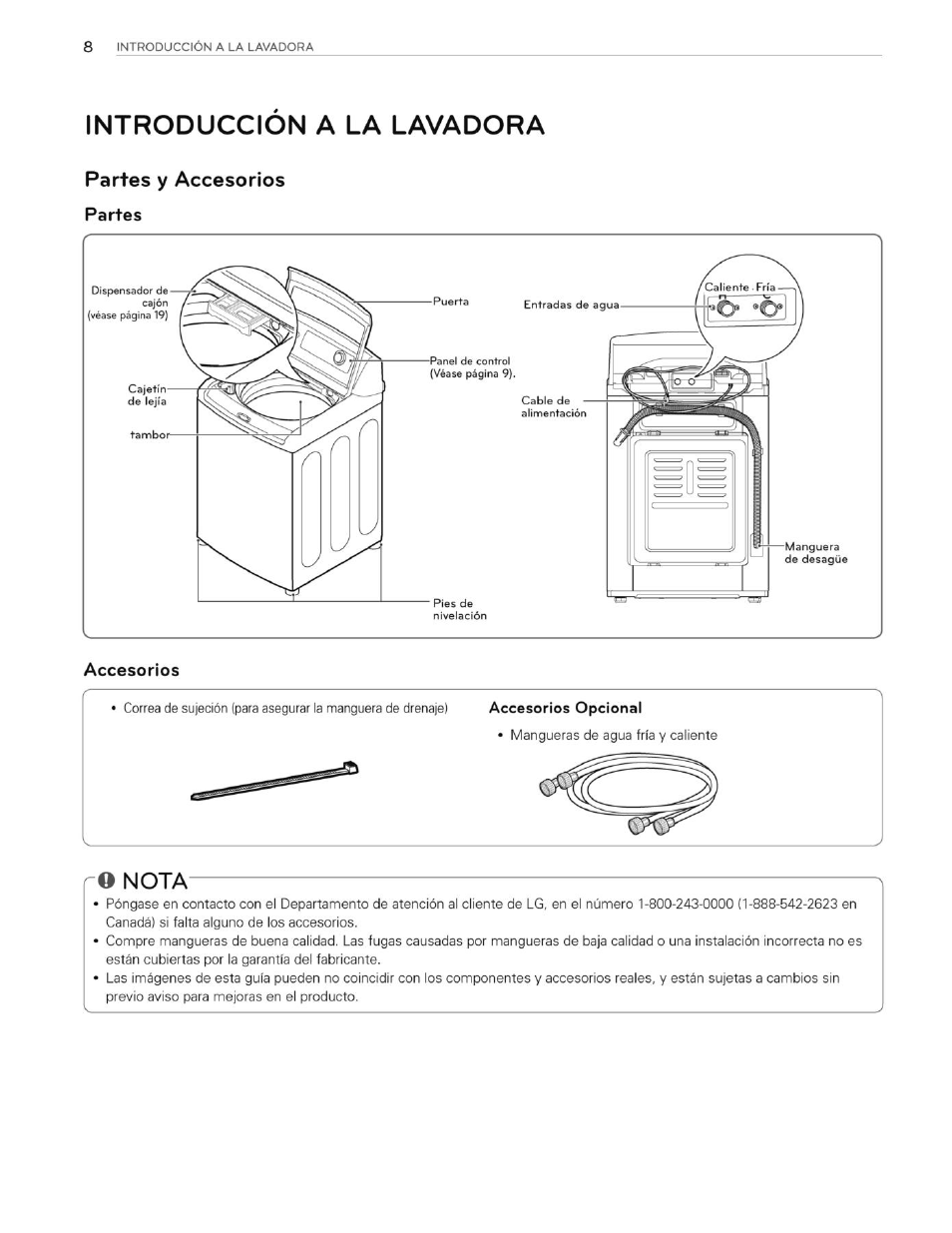 Introduccion a la lavadora, Partes y accesorios, Partes | Accesorios, Q nota | LG WT4901CW User Manual | Page 46 / 76