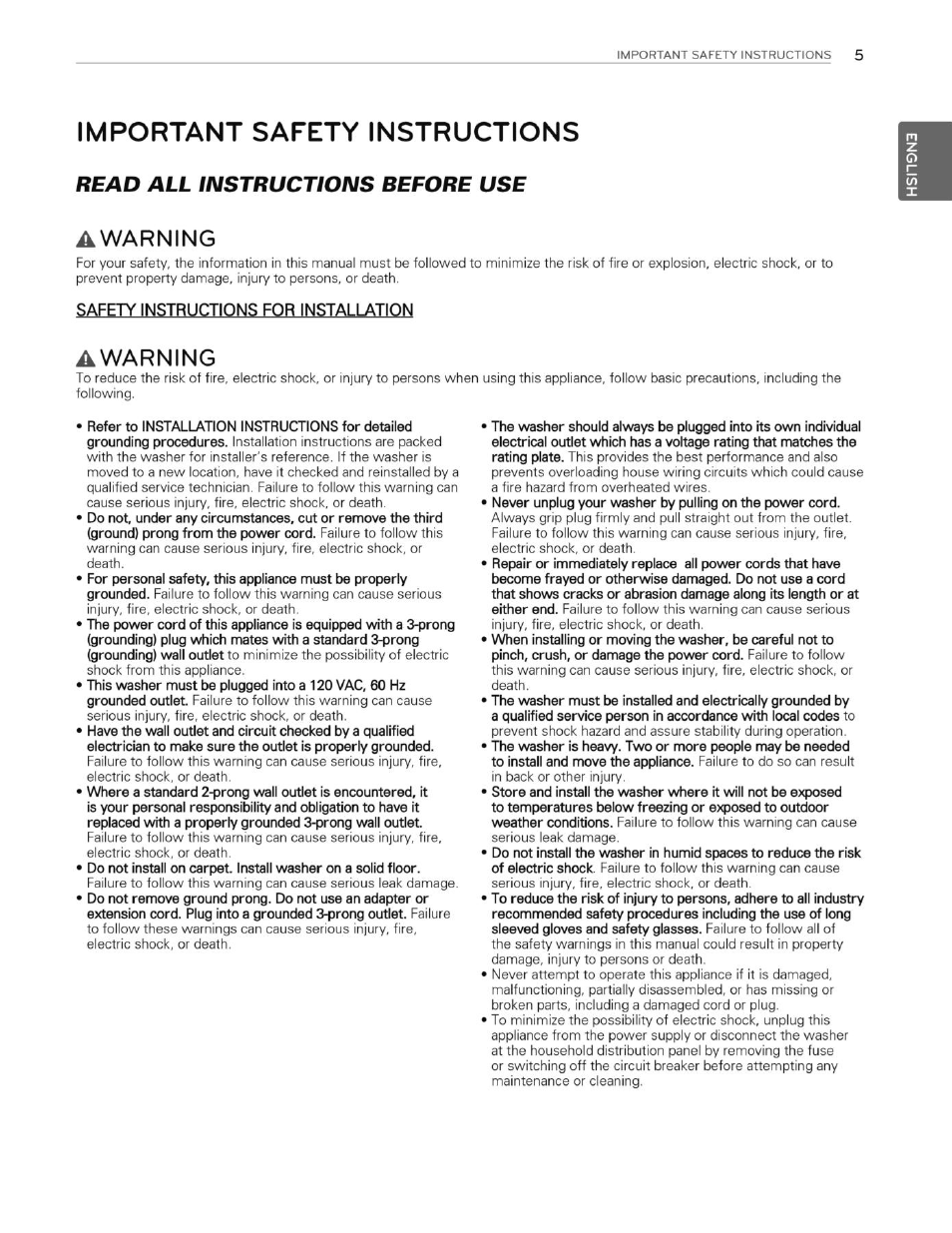 Important safety instructions, Awarning, Safety instructions for installation | Read all instructions before use | LG WT4901CW User Manual | Page 5 / 76