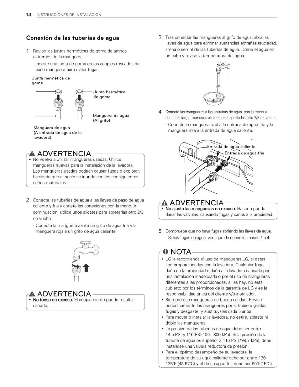 Conexión de las tuberías de agua, A advertencia, Rq nota | Advertencia, Nota | LG WT4901CW User Manual | Page 52 / 76