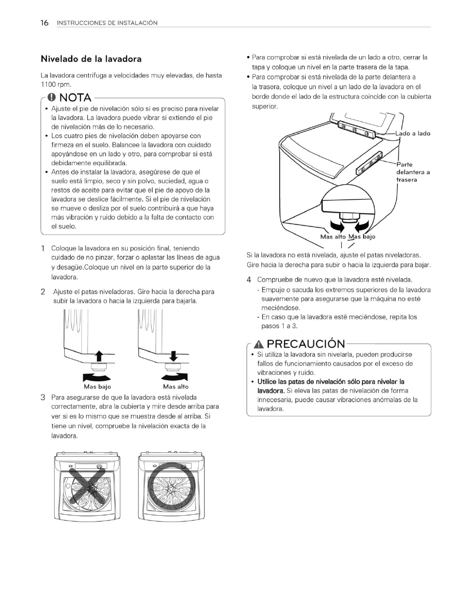 Nivelado de la lavadora, O nota, A precaución | Nota, Precaución | LG WT4901CW User Manual | Page 54 / 76