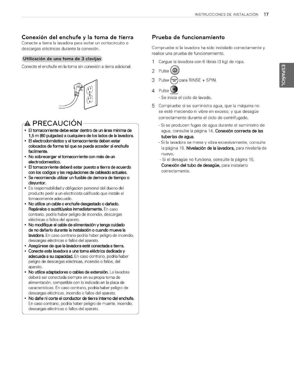 Conexión del enchufe y la toma de tierra, Ra precaucion, Prueba de funcionamiento | LG WT4901CW User Manual | Page 55 / 76