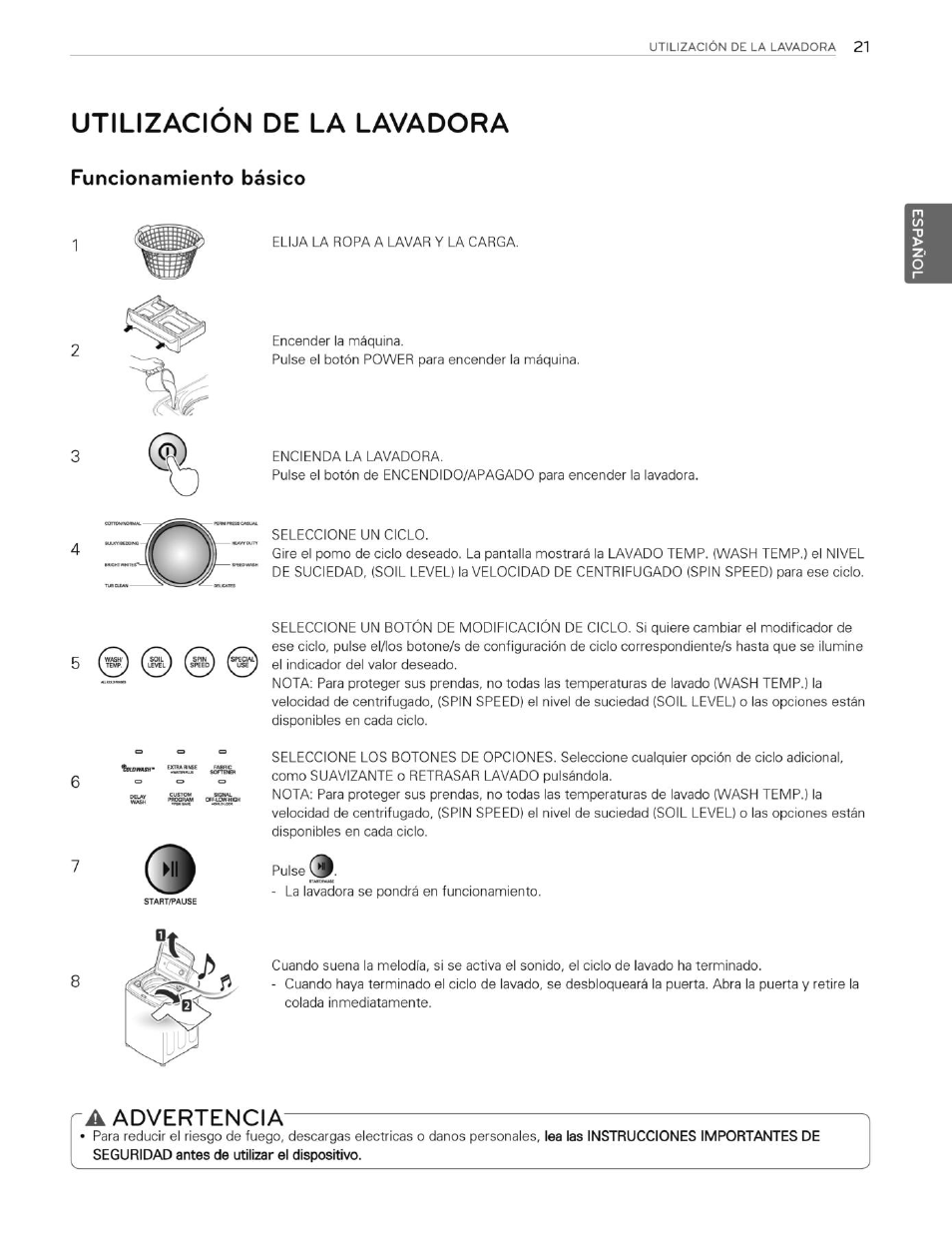 Utilizacion de la lavadora, Funcionamiento básico, A advertencia | LG WT4901CW User Manual | Page 59 / 76