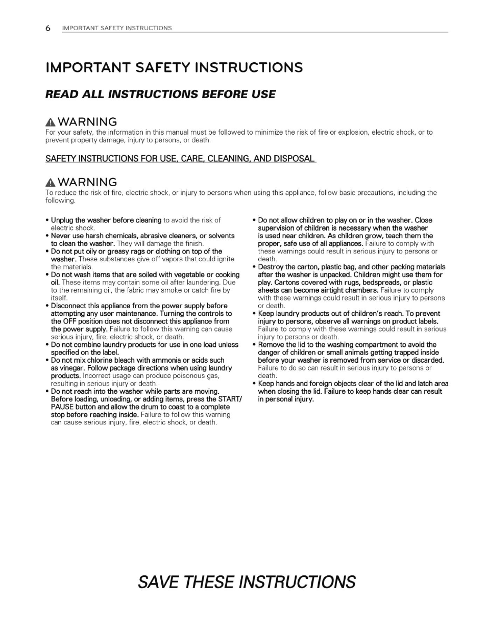 Important safety instructions, Awarning, Save these instructions | Read all instructions before use | LG WT4901CW User Manual | Page 6 / 76