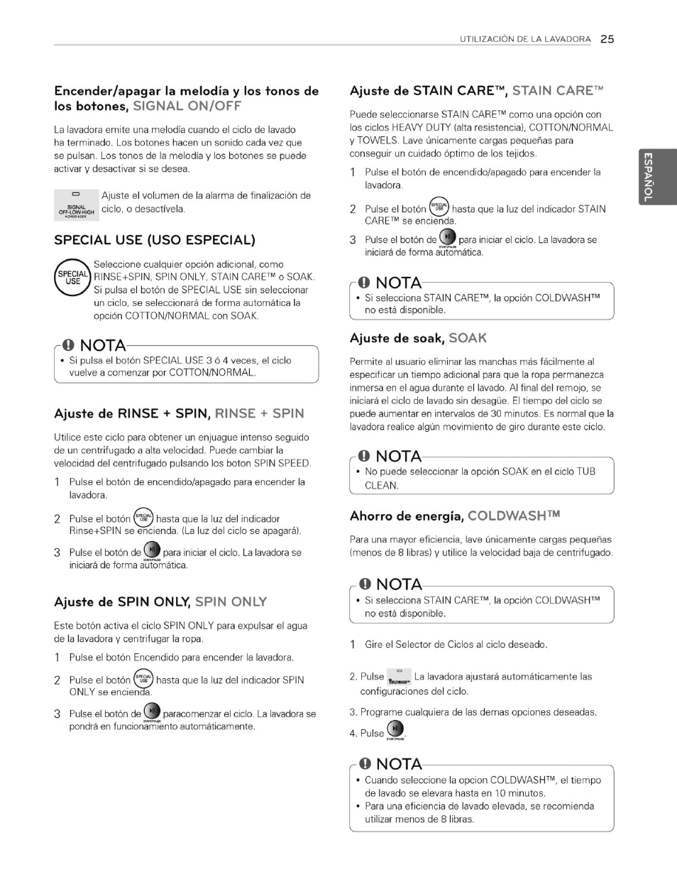 Special use (uso especial), Ajuste de rinse + spin, rinse + spin, Ajuste de spin only, spin only | Ajuste de stain care^“, stain care, Ajuste de soak, soak, Ahorro de energía, coldwash, Nota | LG WT4901CW User Manual | Page 63 / 76