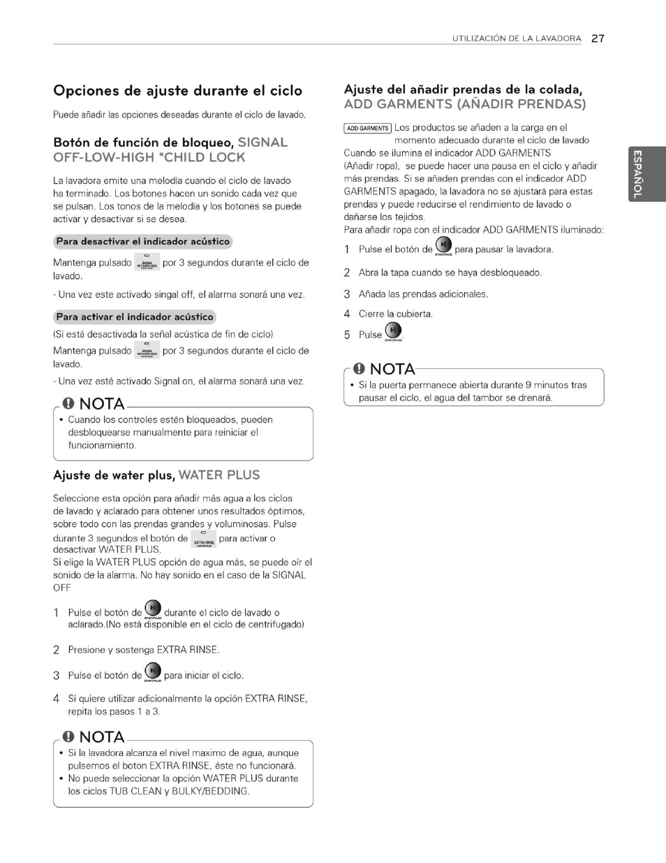 Opciones de ajuste durante el ciclo, O nota, Ajuste de water plus, water plus | Nota | LG WT4901CW User Manual | Page 65 / 76