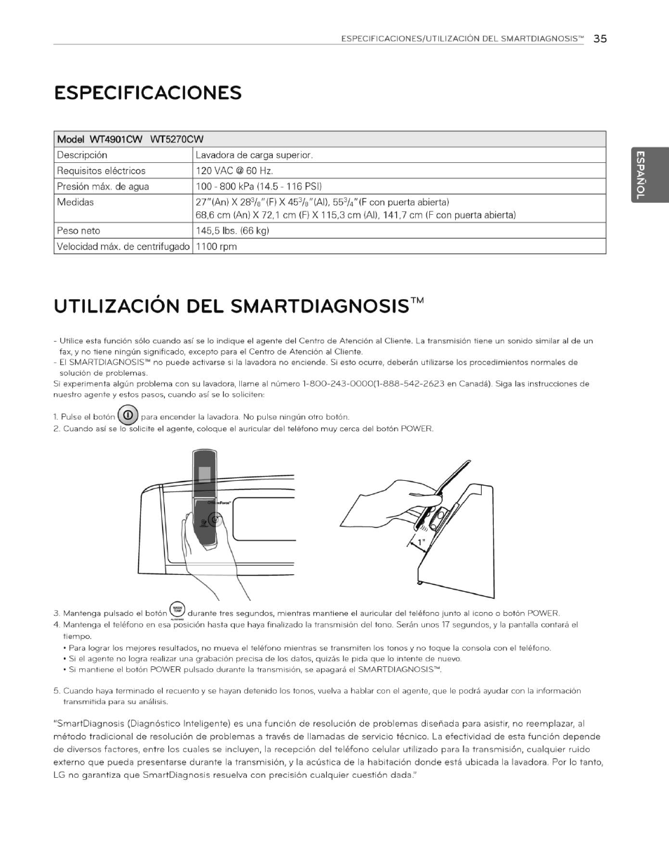 Especificaciones, Utilizacion del smartdiagnosis | LG WT4901CW User Manual | Page 73 / 76