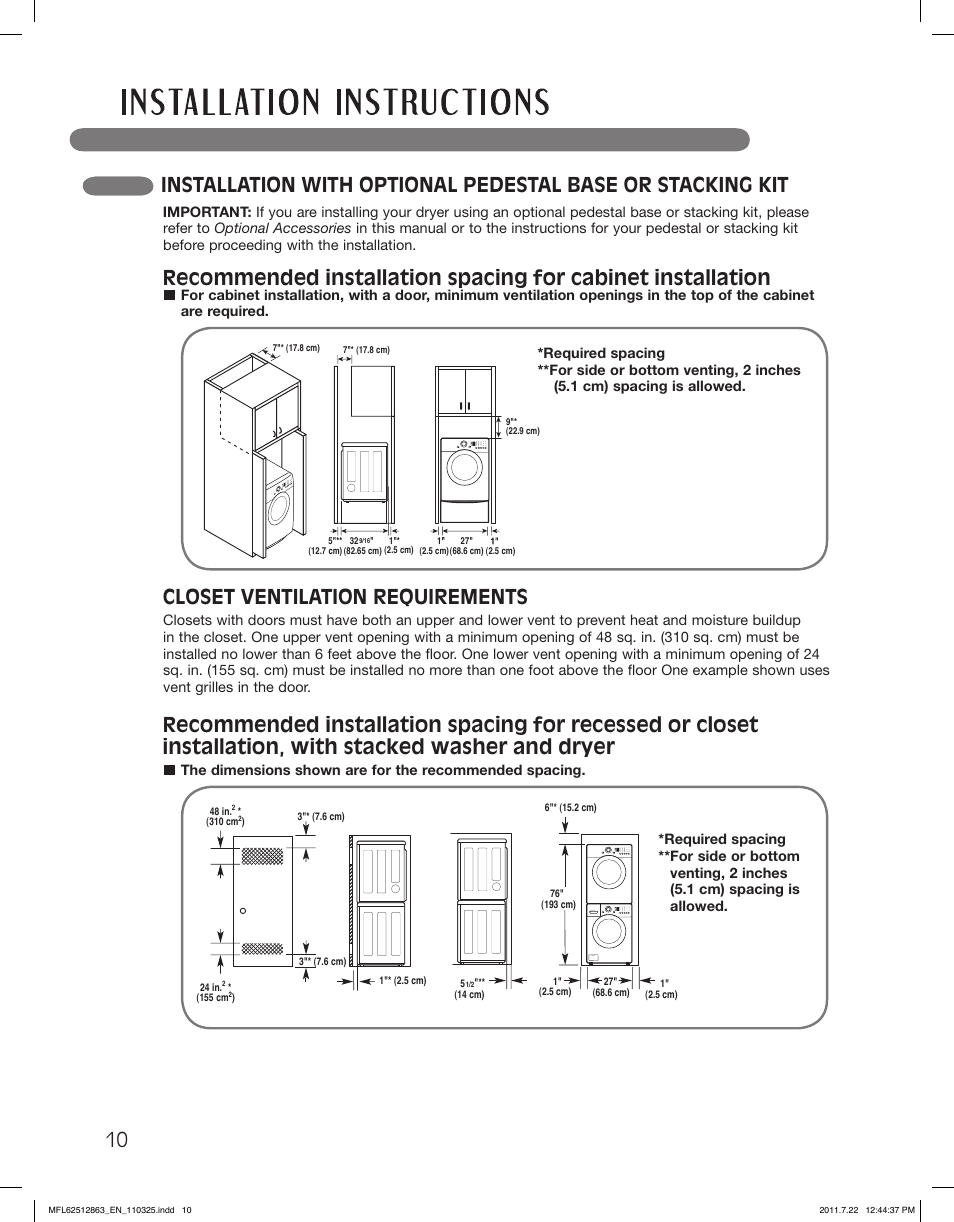 Closet ventilation requirements | LG DLE2240W User Manual | Page 10 / 84