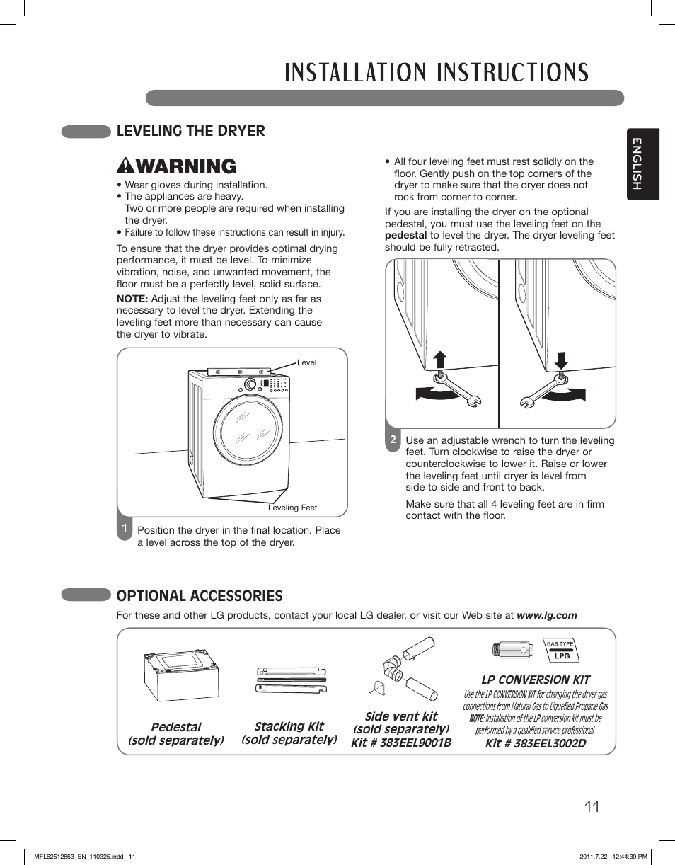 Wwarning, Leveling the dryer, Optional accessories | LG DLE2240W User Manual | Page 11 / 84