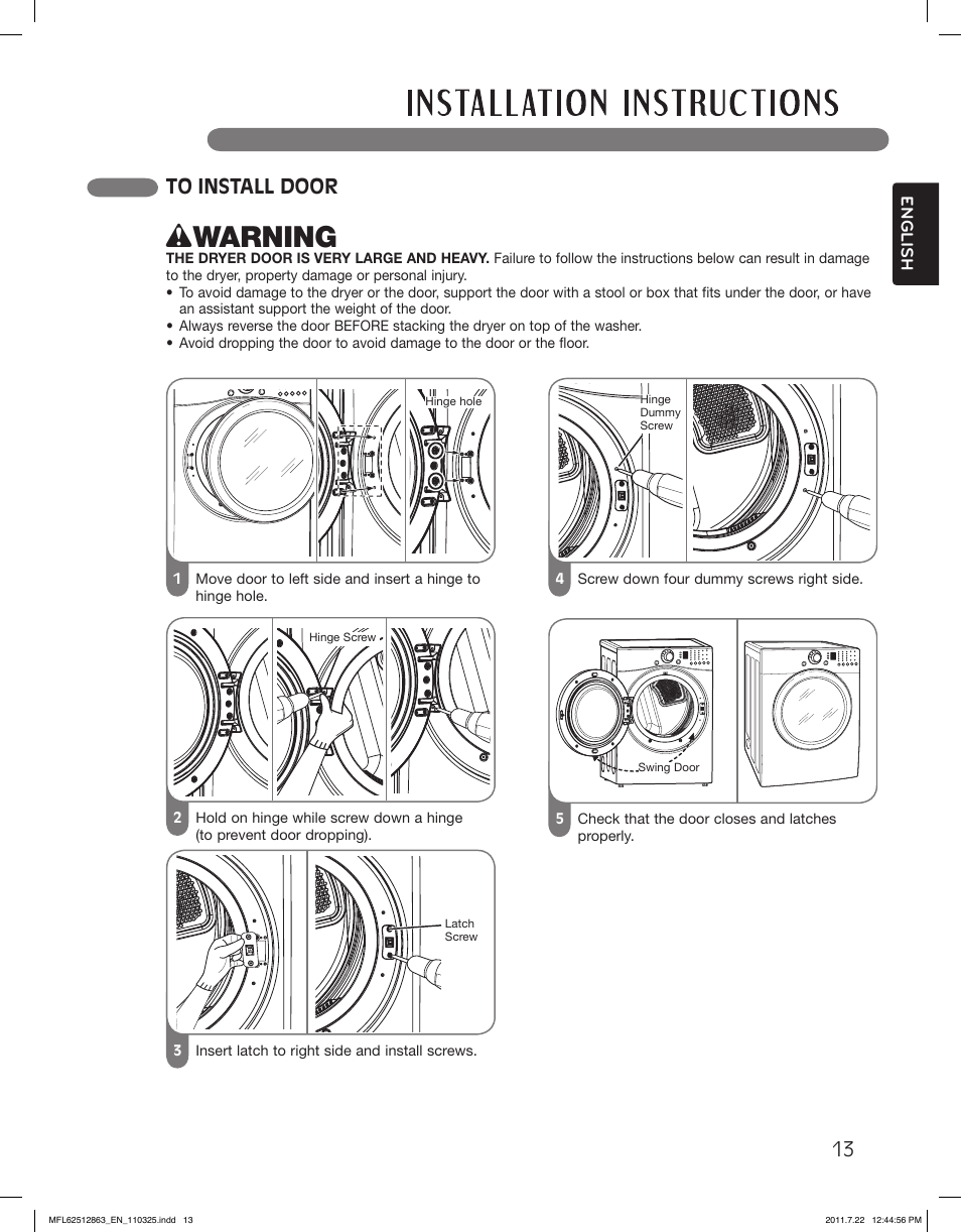 Wwarning, 13 to install door | LG DLE2240W User Manual | Page 13 / 84