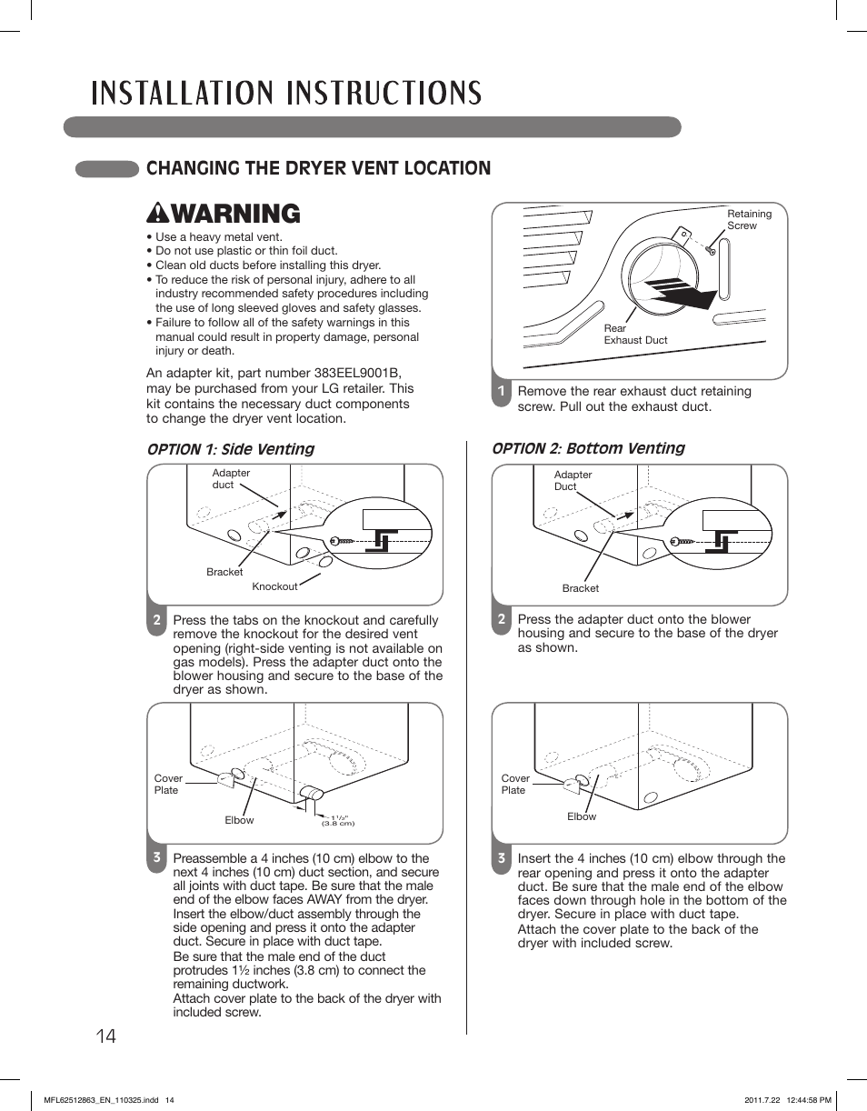 Wwarning, Changing the dryer vent location | LG DLE2240W User Manual | Page 14 / 84