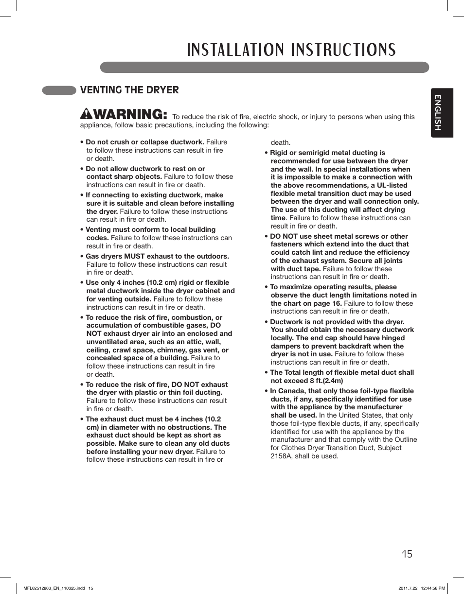 Wwarning, Venting the dryer | LG DLE2240W User Manual | Page 15 / 84