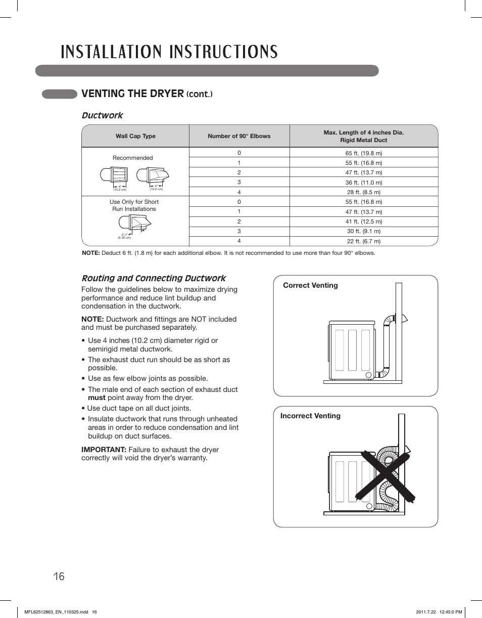 Venting the dryer, Routing and connecting ductwork, Ductwork | Cont.) | LG DLE2240W User Manual | Page 16 / 84