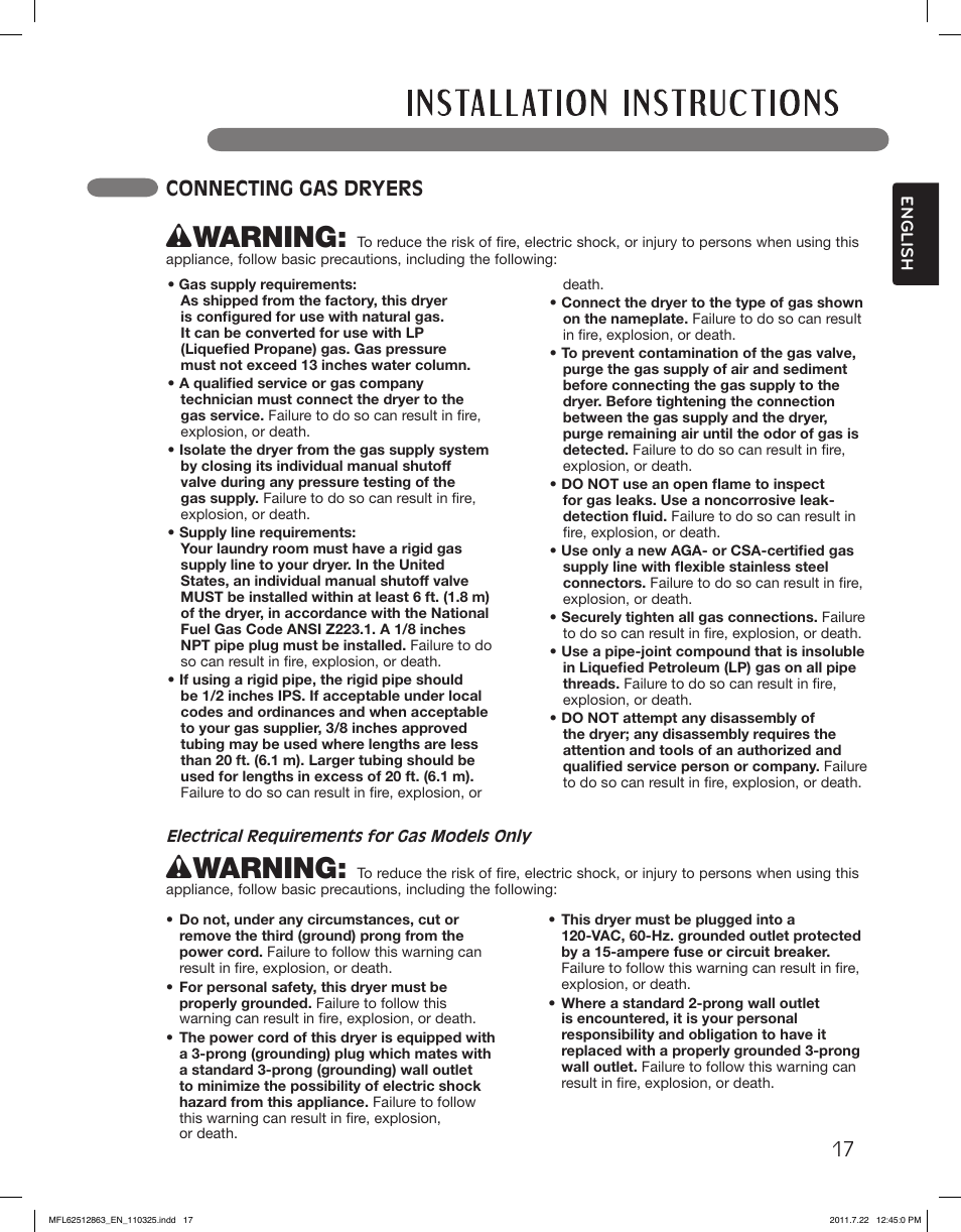 Wwarning, 17 connecting gas dryers | LG DLE2240W User Manual | Page 17 / 84