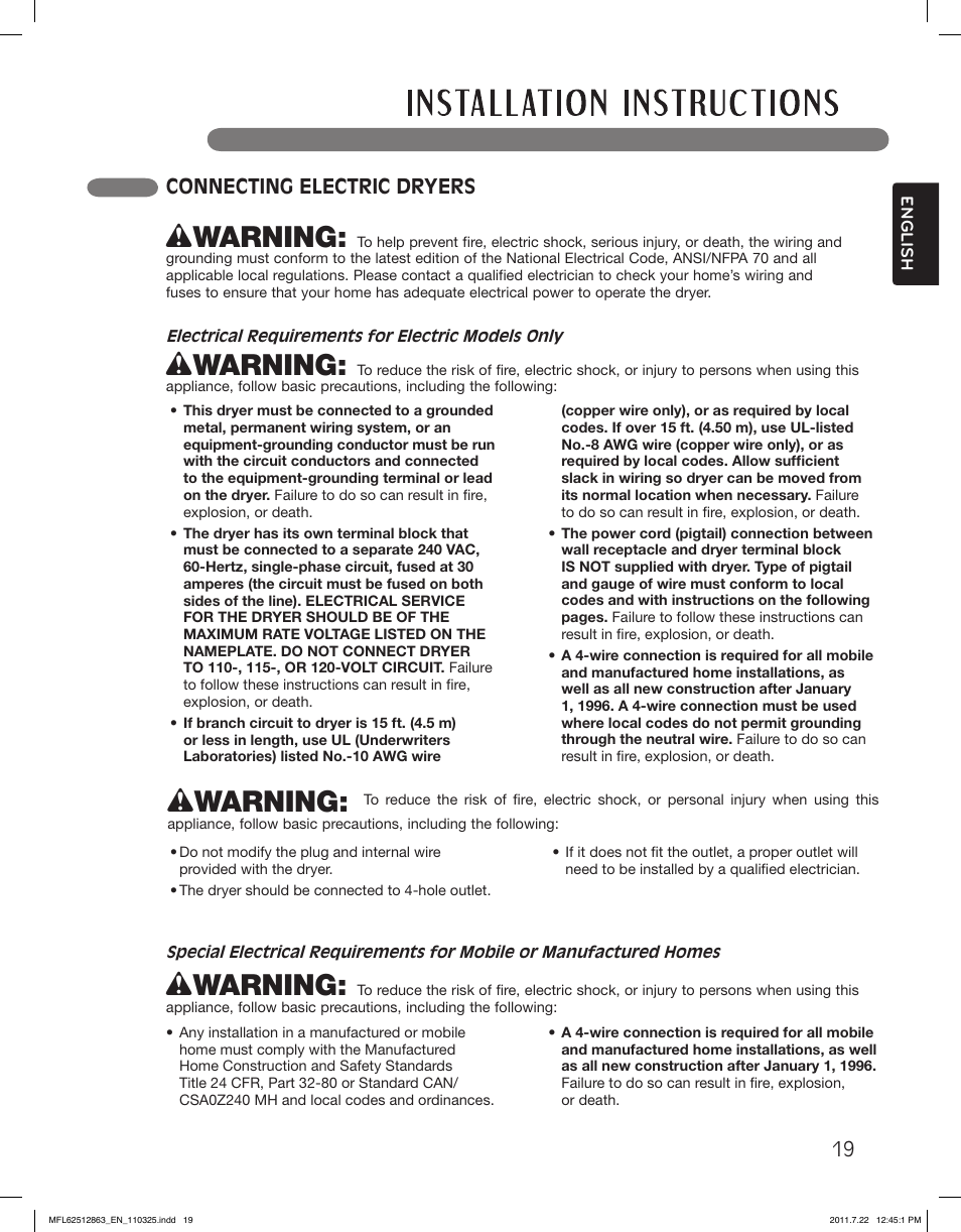 Wwarning, Connecting electric dryers | LG DLE2240W User Manual | Page 19 / 84