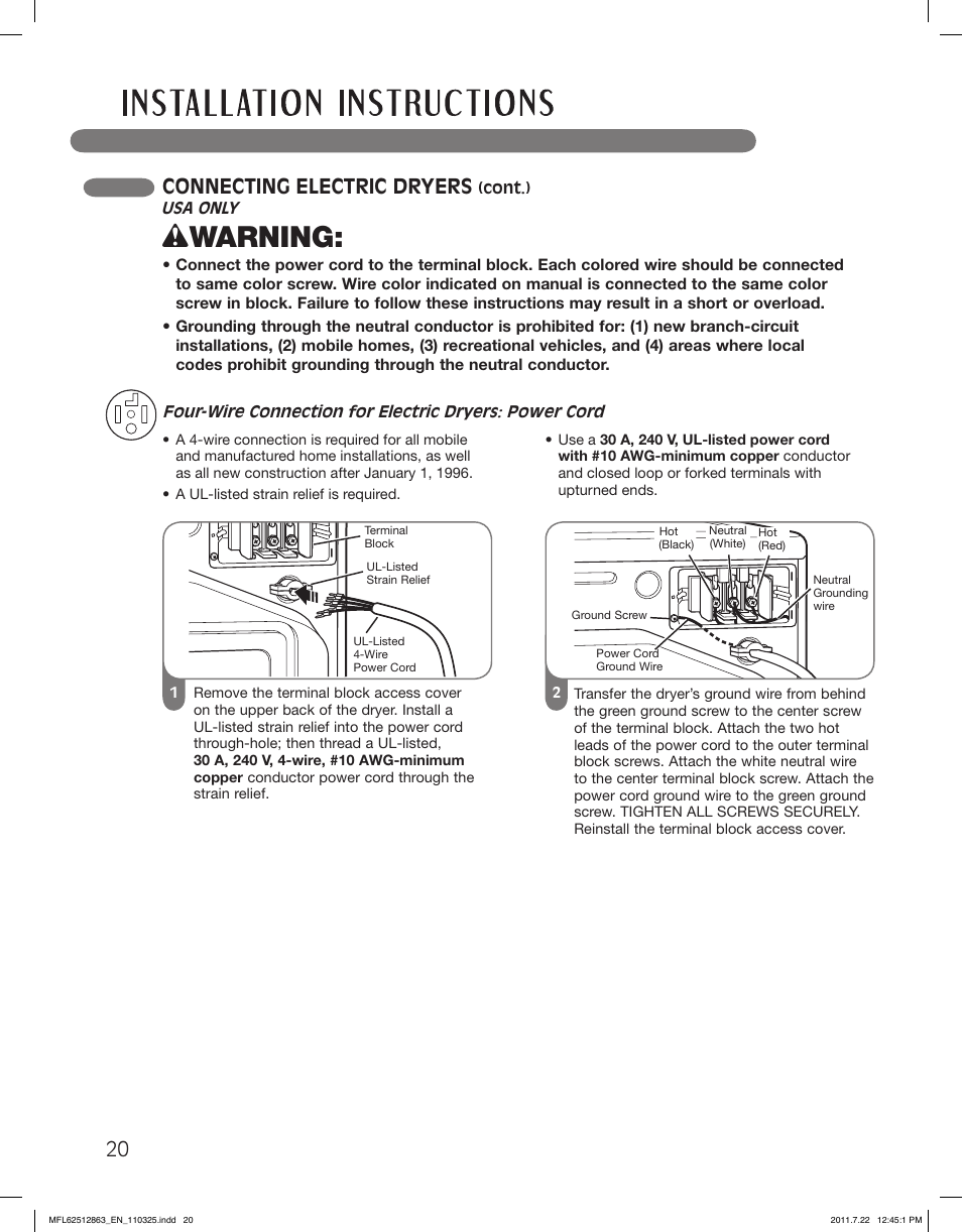 Wwarning, Connecting electric dryers | LG DLE2240W User Manual | Page 20 / 84