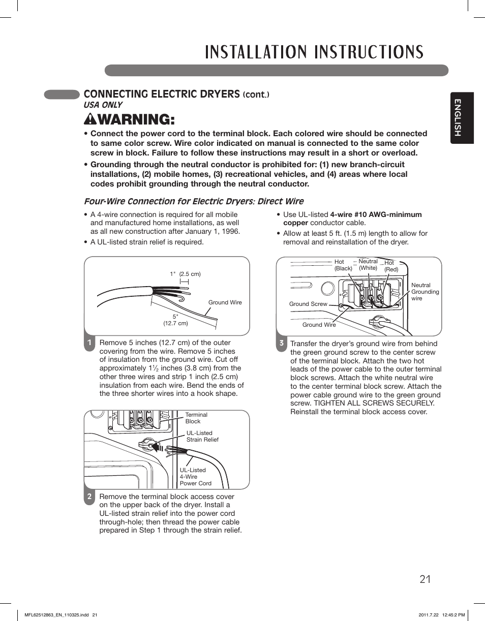 Wwarning, Connecting electric dryers, English | LG DLE2240W User Manual | Page 21 / 84