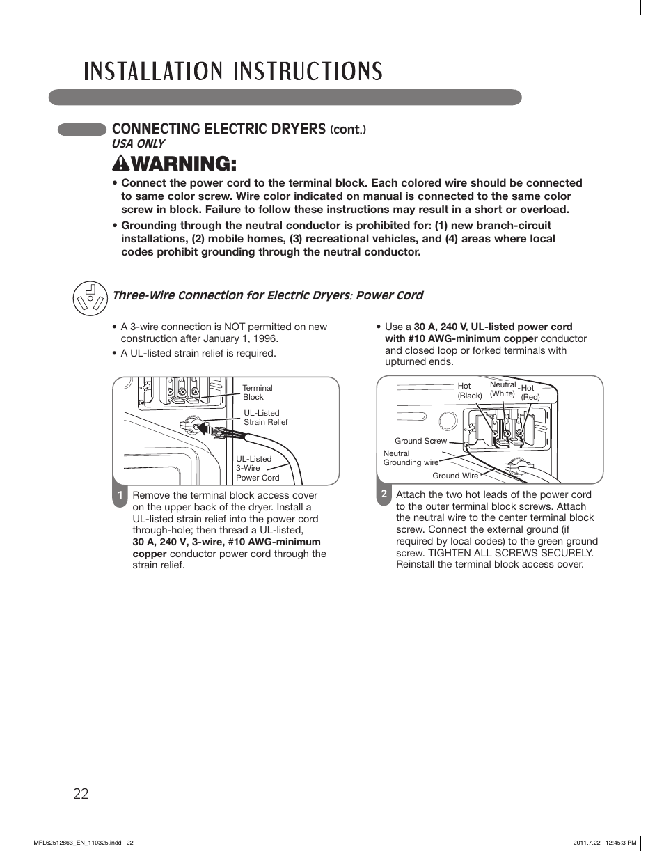 Wwarning, Connecting electric dryers | LG DLE2240W User Manual | Page 22 / 84