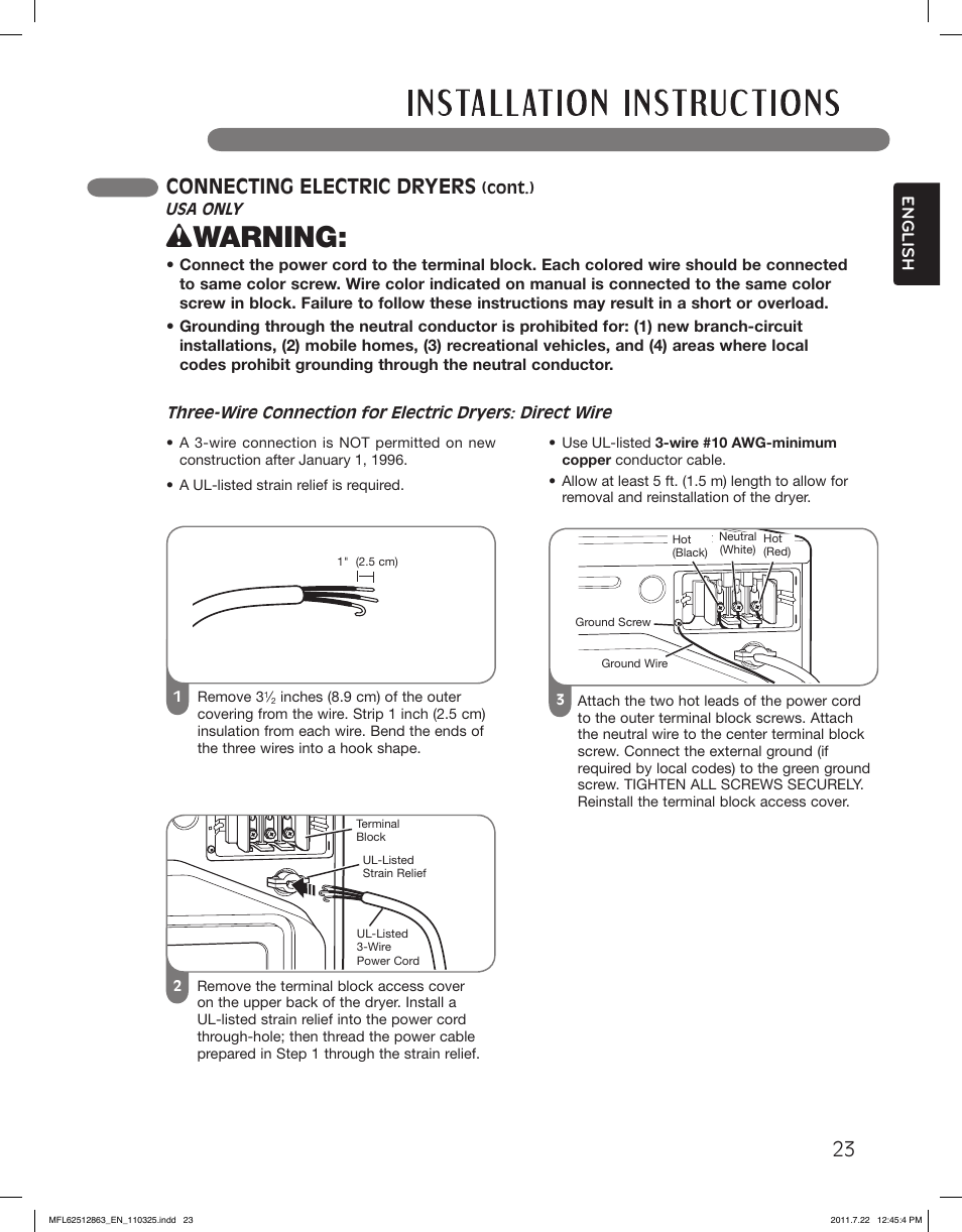 Wwarning, Connecting electric dryers | LG DLE2240W User Manual | Page 23 / 84