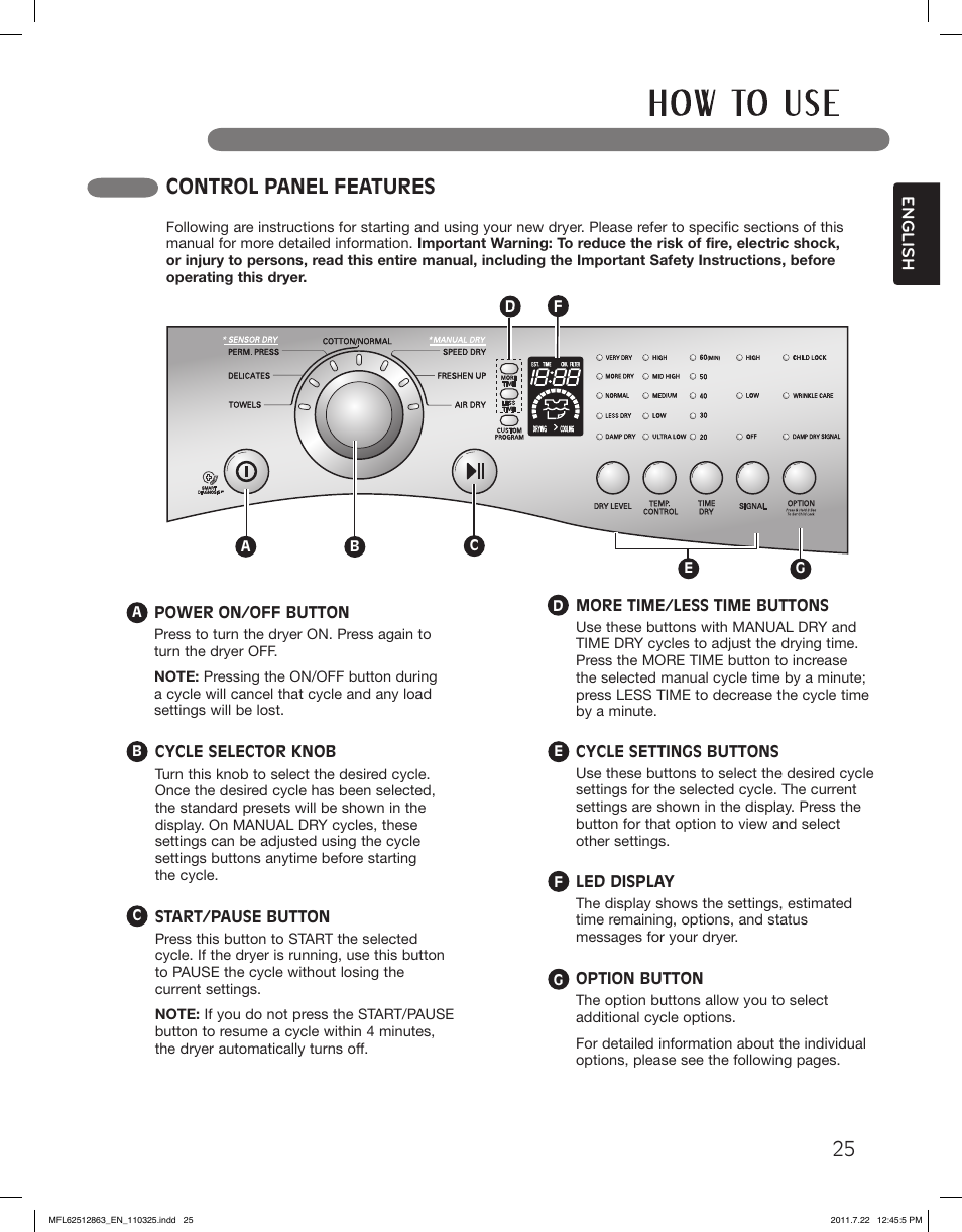 Control panel features | LG DLE2240W User Manual | Page 25 / 84