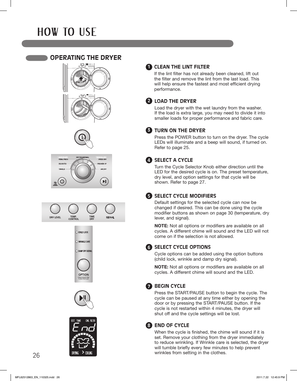 Operating the dryer | LG DLE2240W User Manual | Page 26 / 84