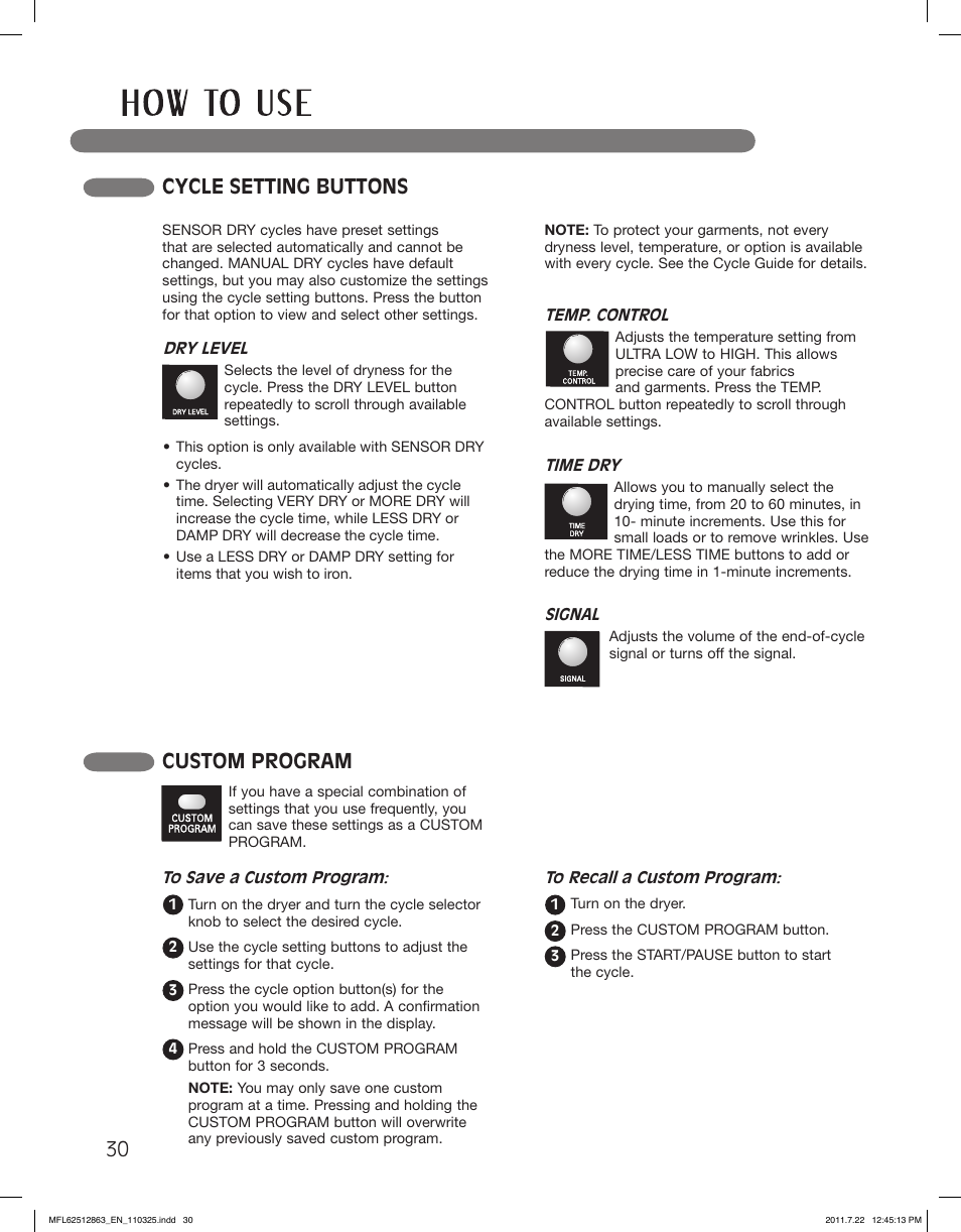 Cycle setting buttons, Custom program | LG DLE2240W User Manual | Page 30 / 84