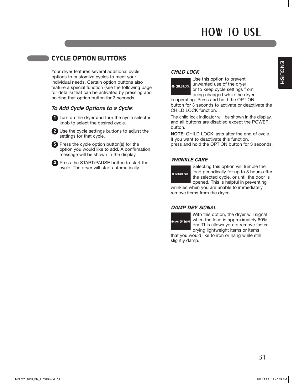 Cycle option buttons | LG DLE2240W User Manual | Page 31 / 84