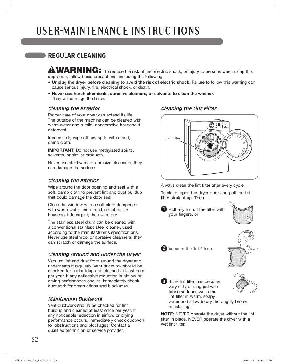 Wwarning, Regular cleaning | LG DLE2240W User Manual | Page 32 / 84