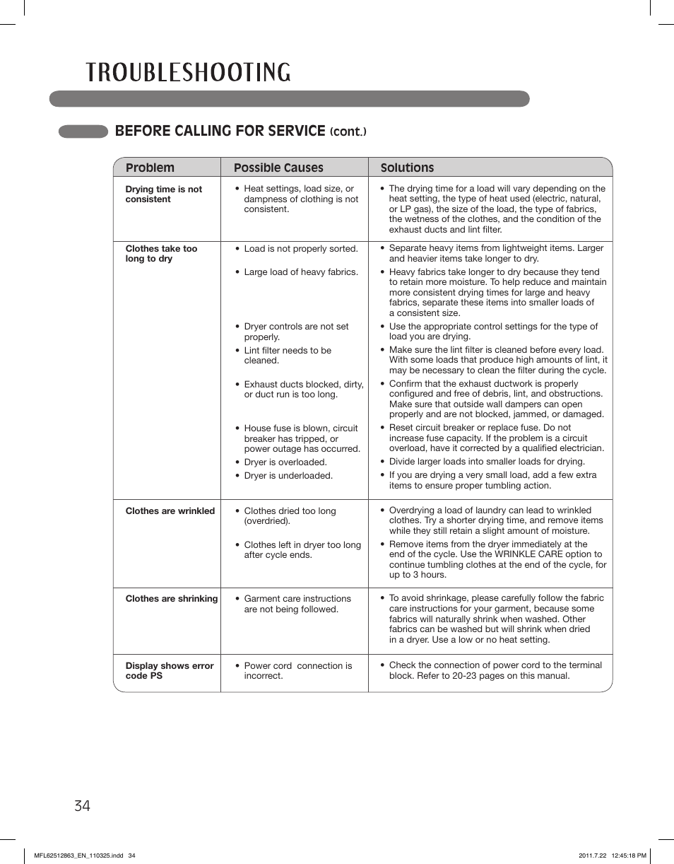 Before calling for service | LG DLE2240W User Manual | Page 34 / 84