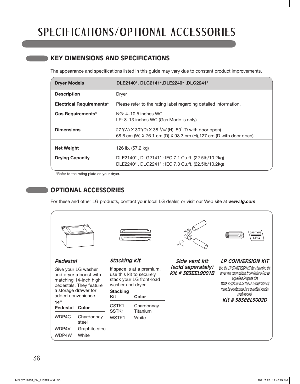 Optional accessories, Key dimensions and specifications | LG DLE2240W User Manual | Page 36 / 84